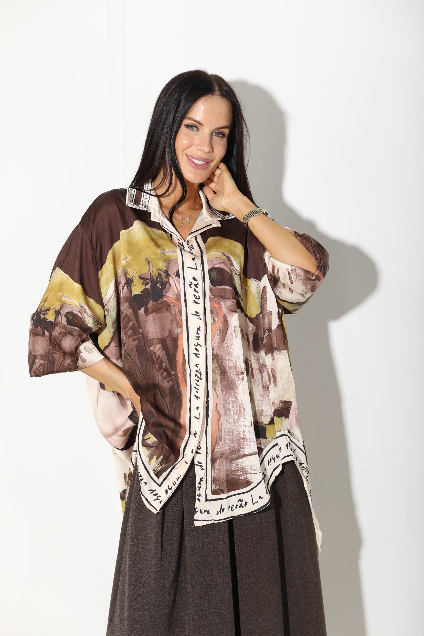 Šoko/brūna 'Glezna' blūze/krekls ar garu mugurpusi - 16130