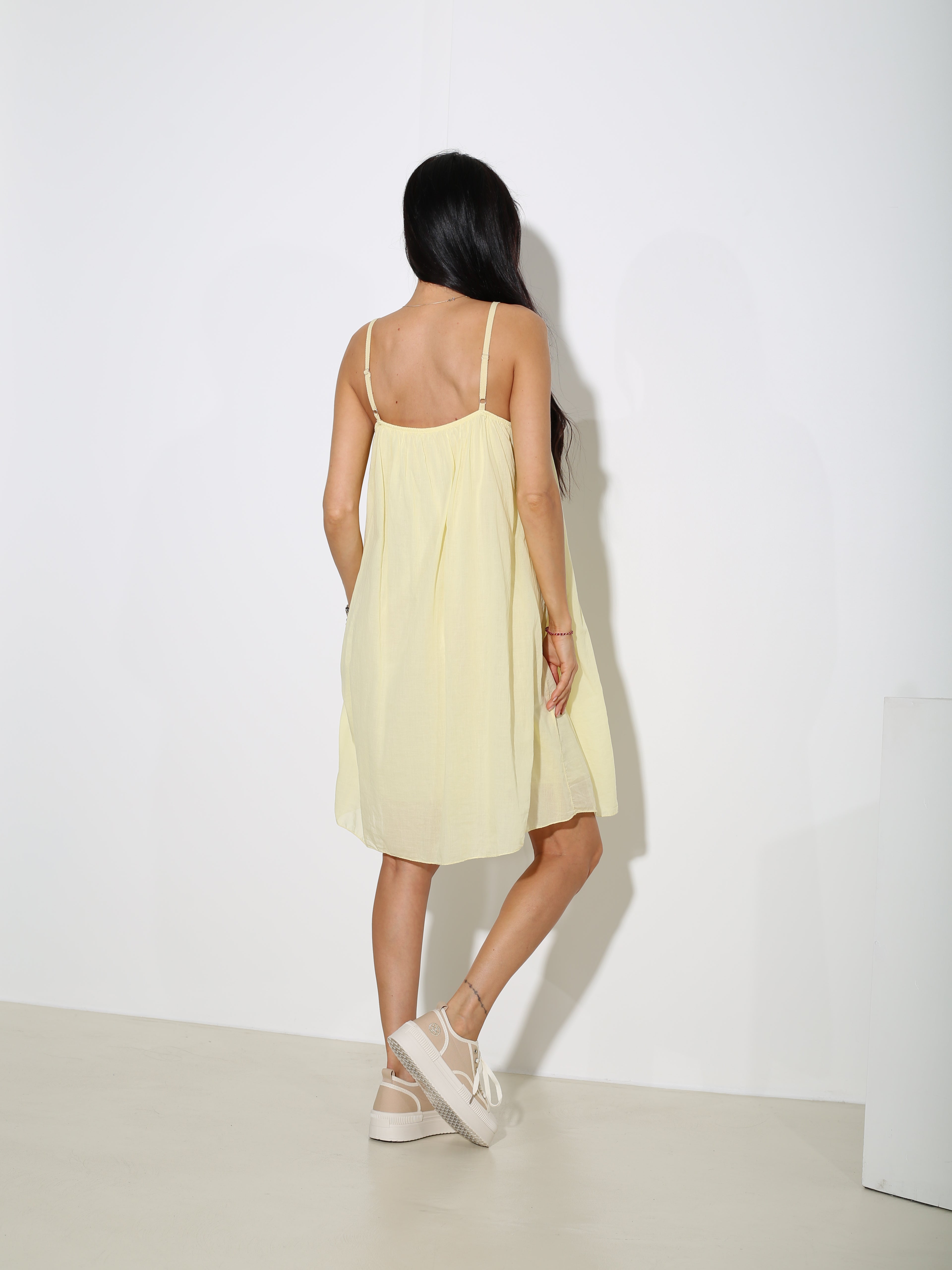 Dzeltena, īsa kokvilnas paplatināta kleita uz lencītēm- 19586