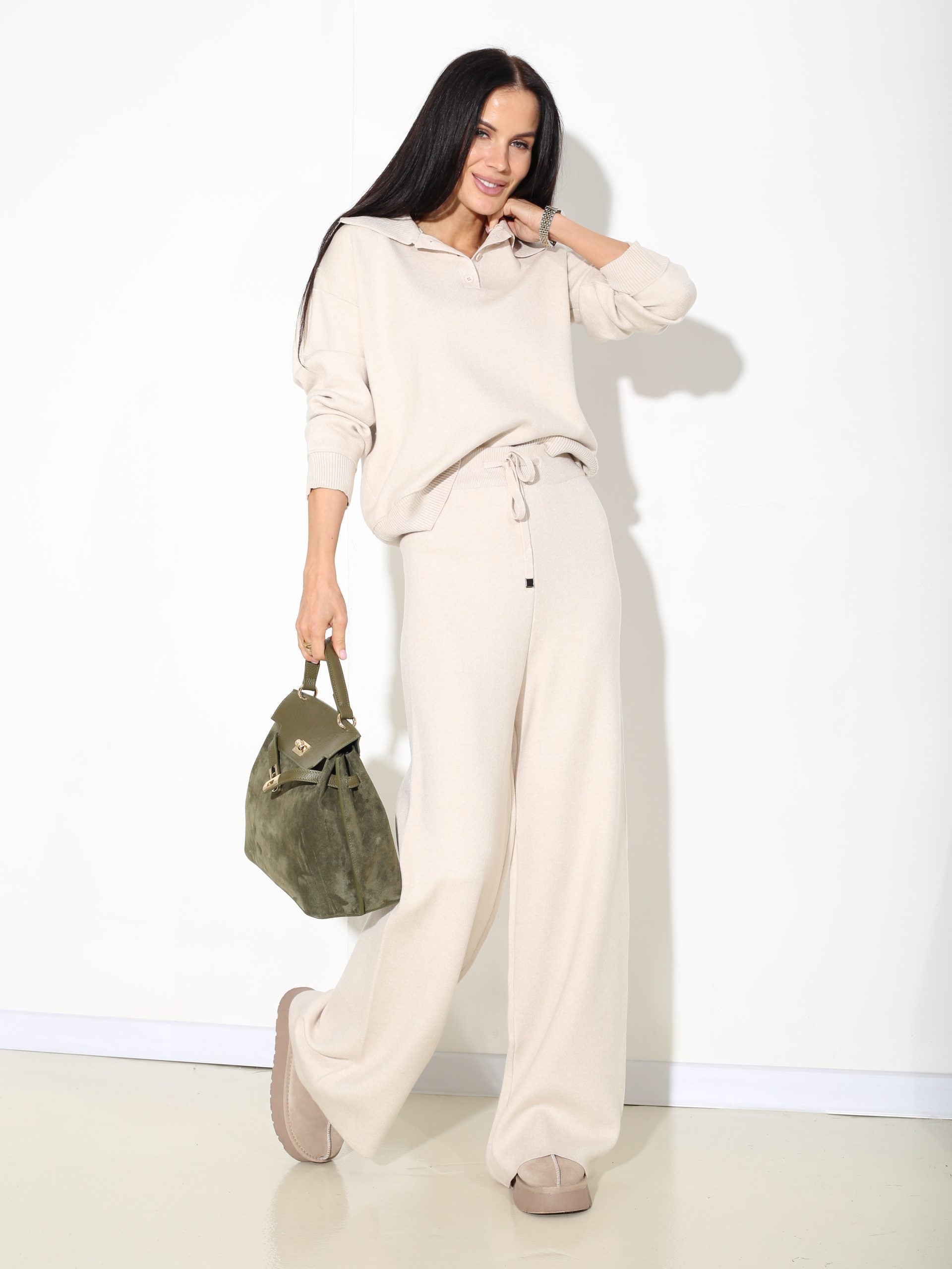 Bēšs smalka adījuma 2daļīgs garais komplekts - 16994