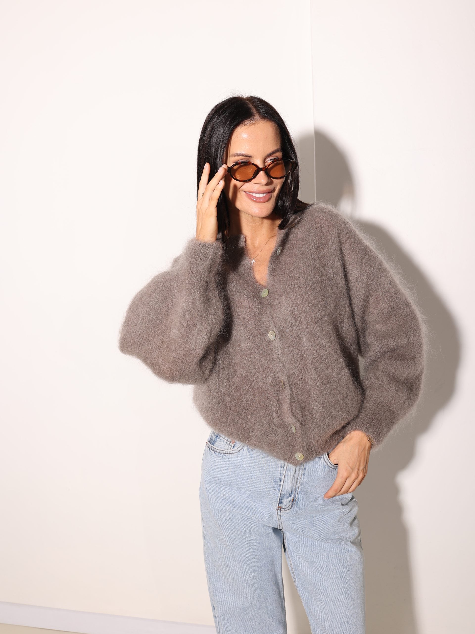 Taupe, brīva piegriezuma, pogājama Mohēras jaka - 15970