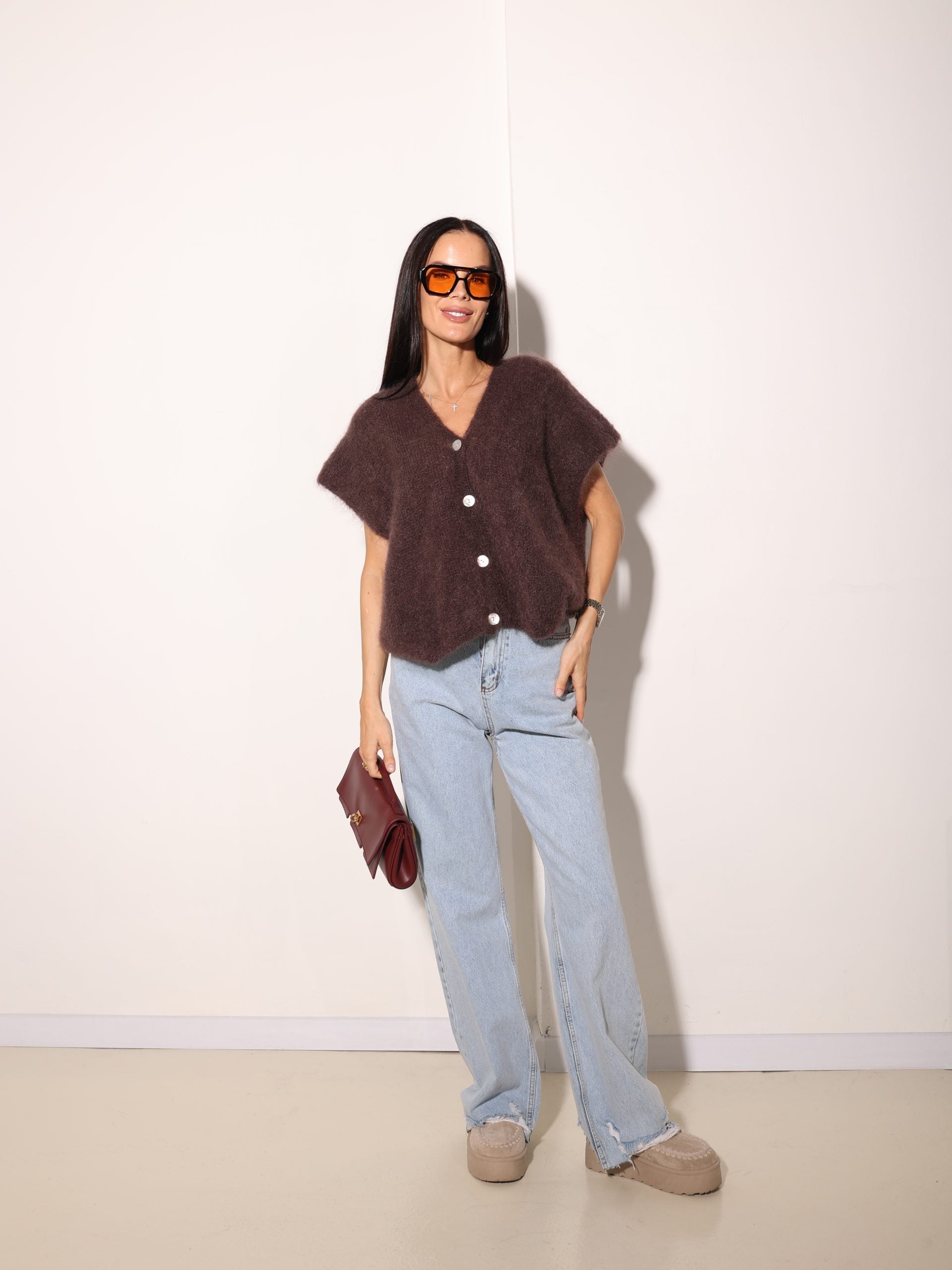 Tumši brūna, brīva piegriezuma, pogājama Mohēras veste - 15983