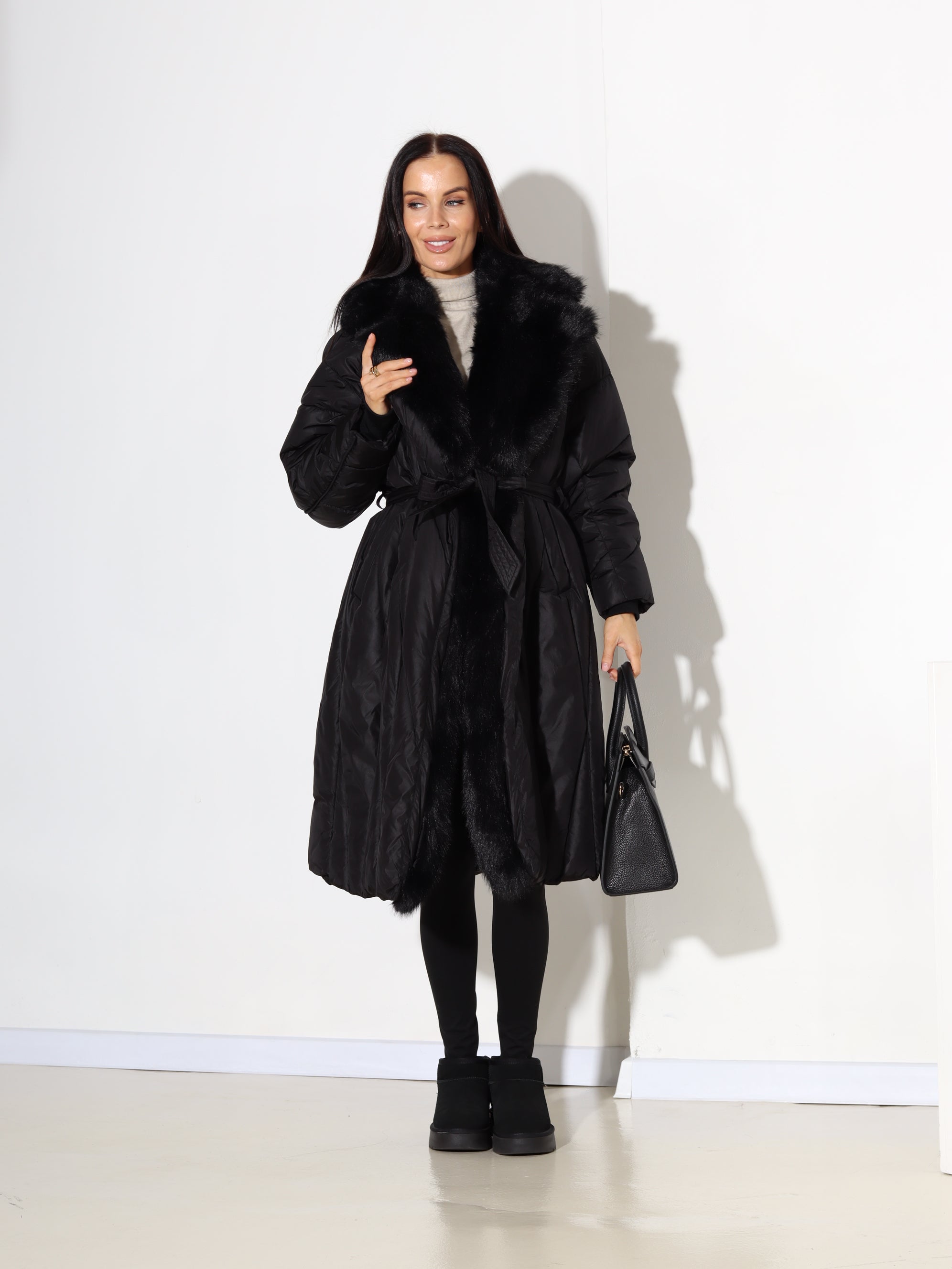 Melna midi virsjaka ar pūkas apkakli - 17833