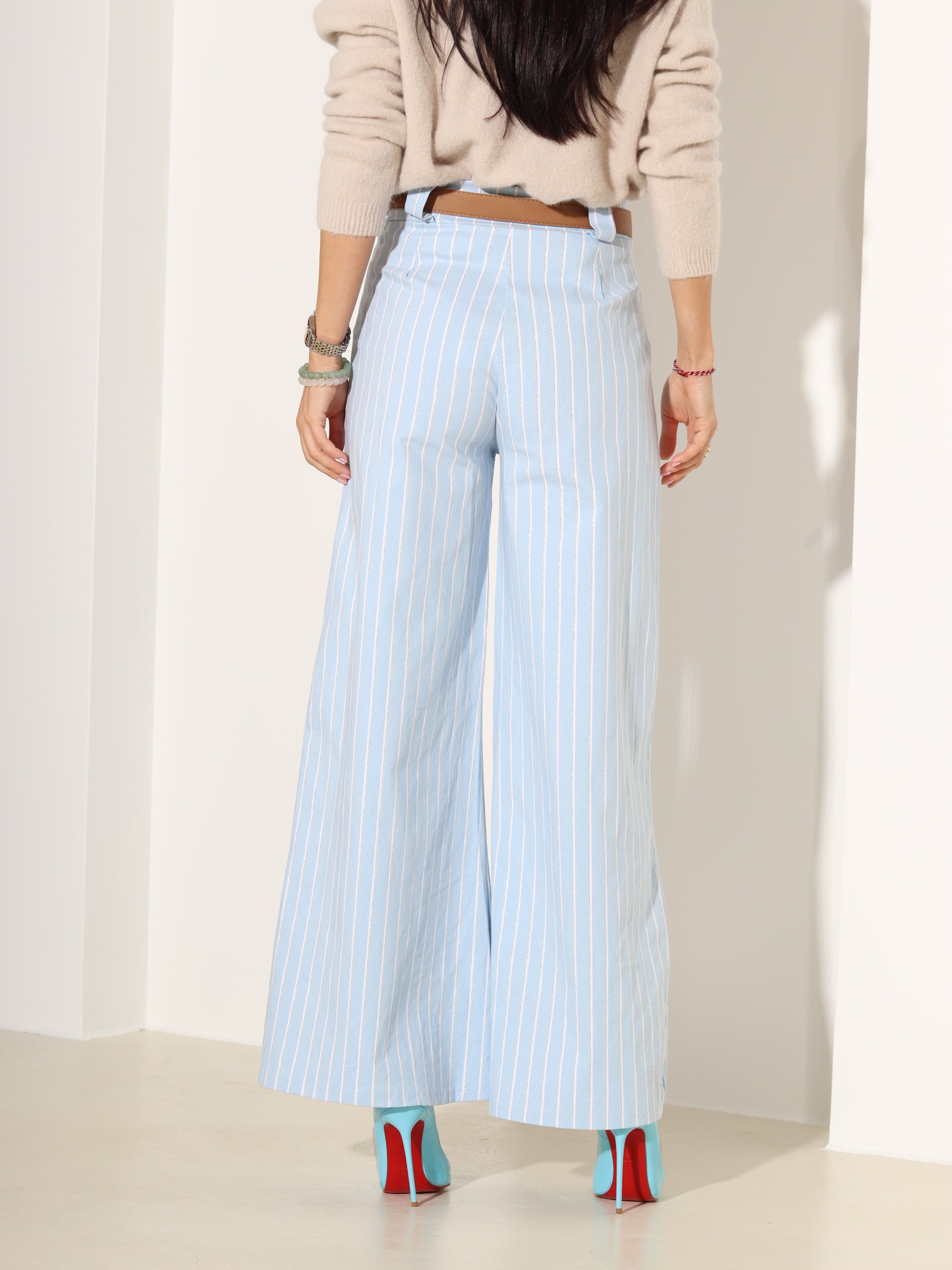 Tumši zilas, elastne auduma püksid ar baltām svītrām - 18307