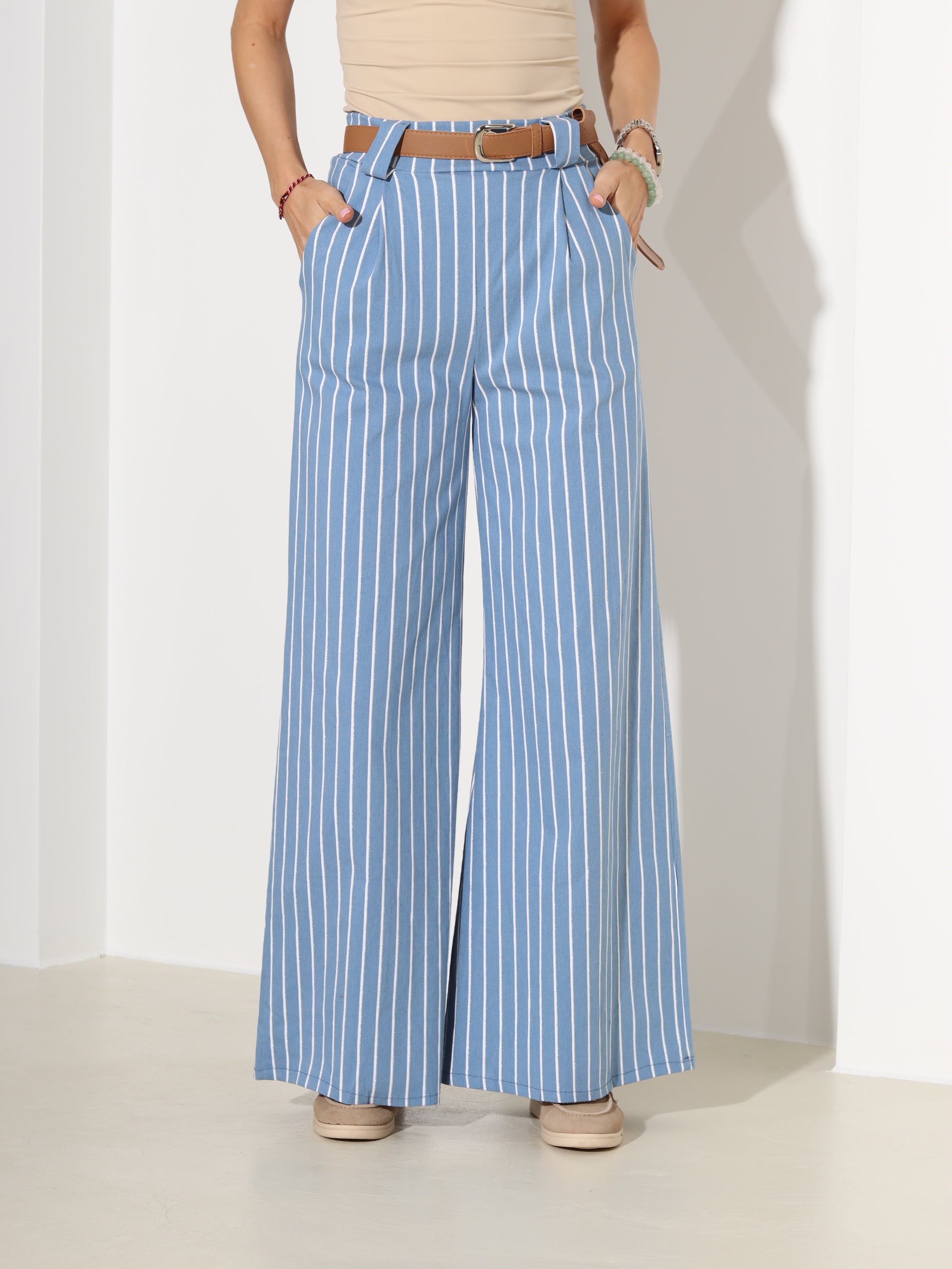 Zilas, elastne auduma püksid ar baltām svītrām - 18305