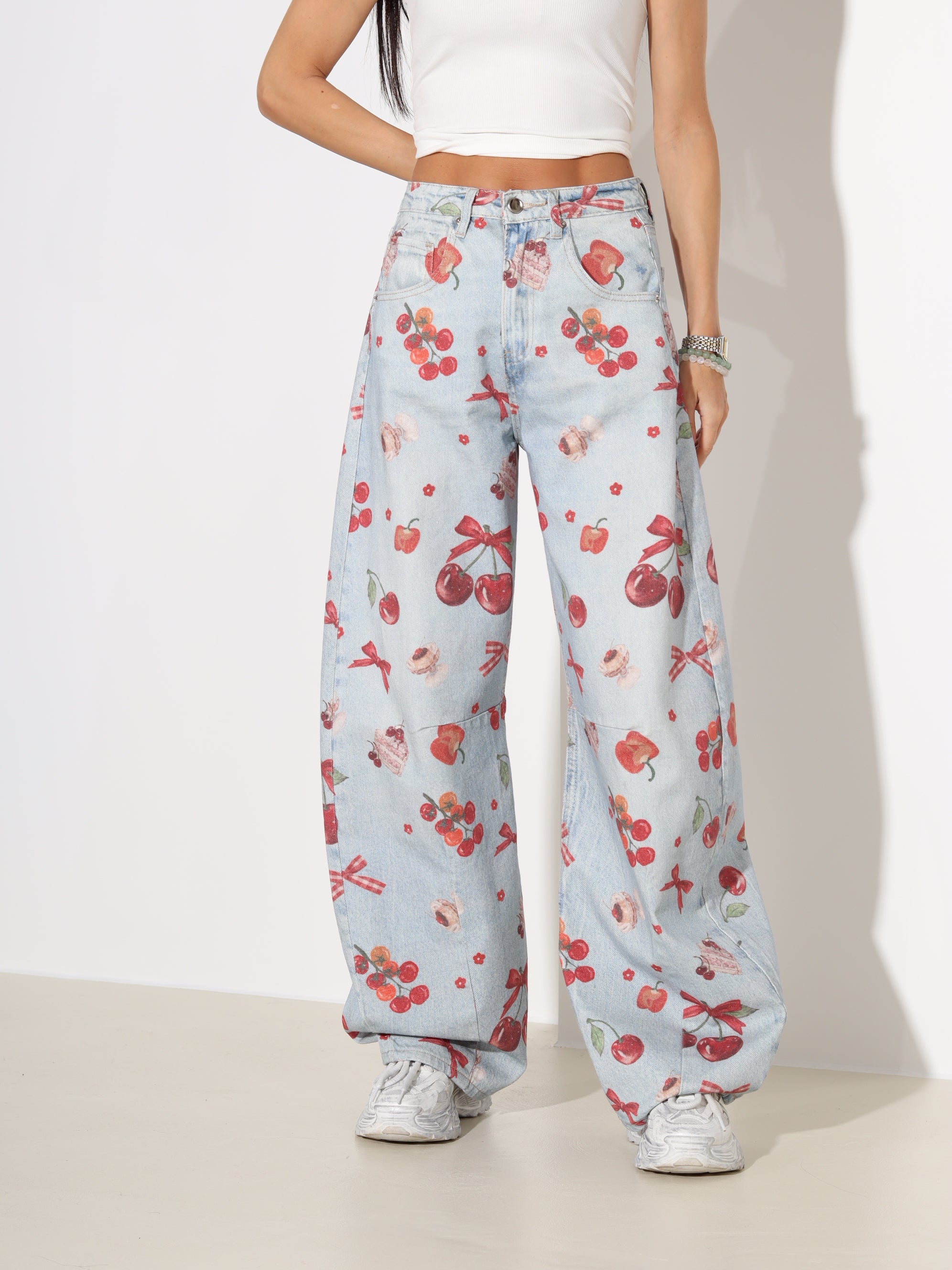 Zilas barrel stila džinsa bikses 'Ķirsītis' - 18128