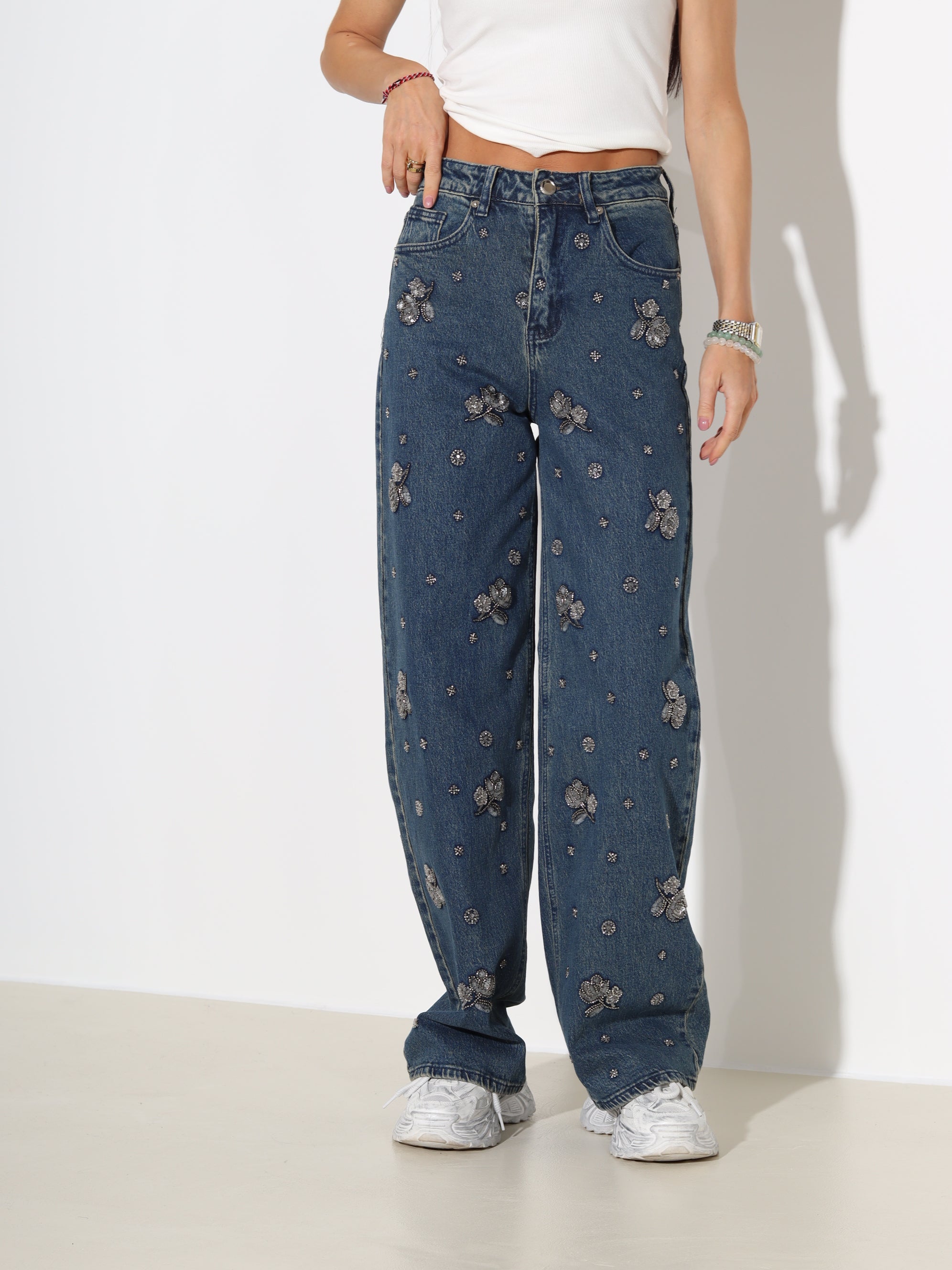 Zilzaļas džinsu bikses 'Pērlīšu ziediņš' - 18129