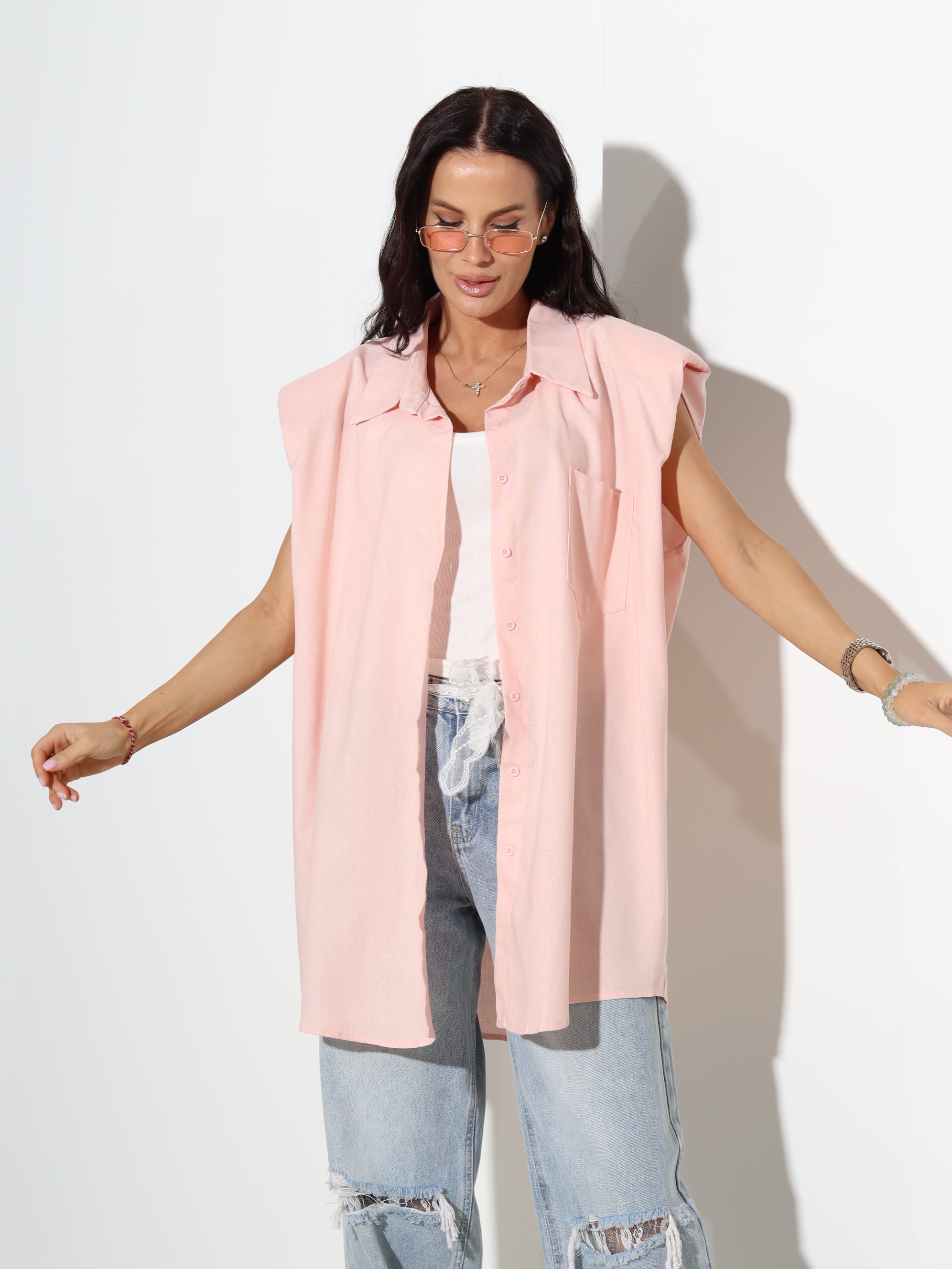 Rozā lina krekls bez piedurknes - 19004