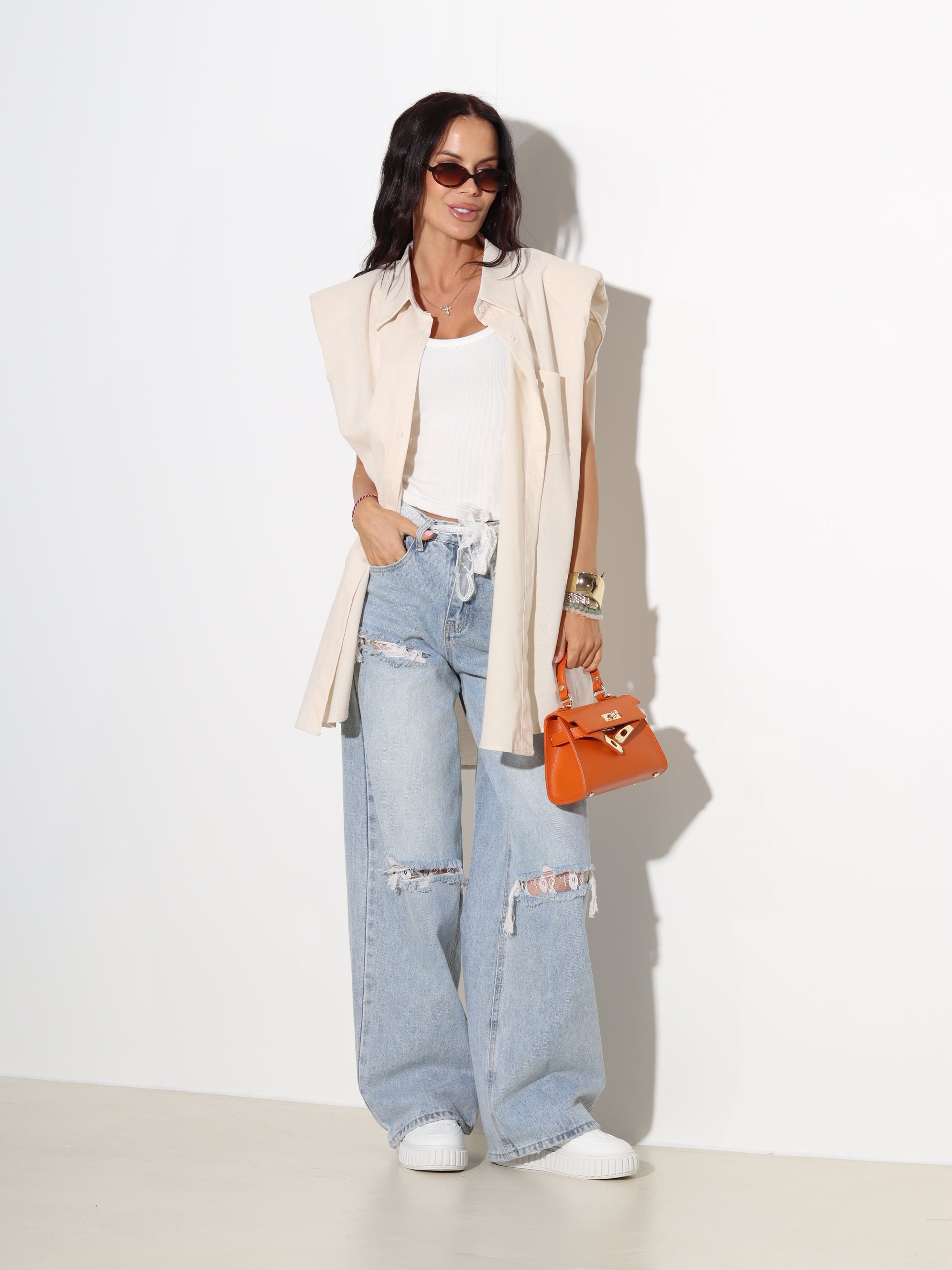 Bēša lina krekls bez piedurknes - 19005