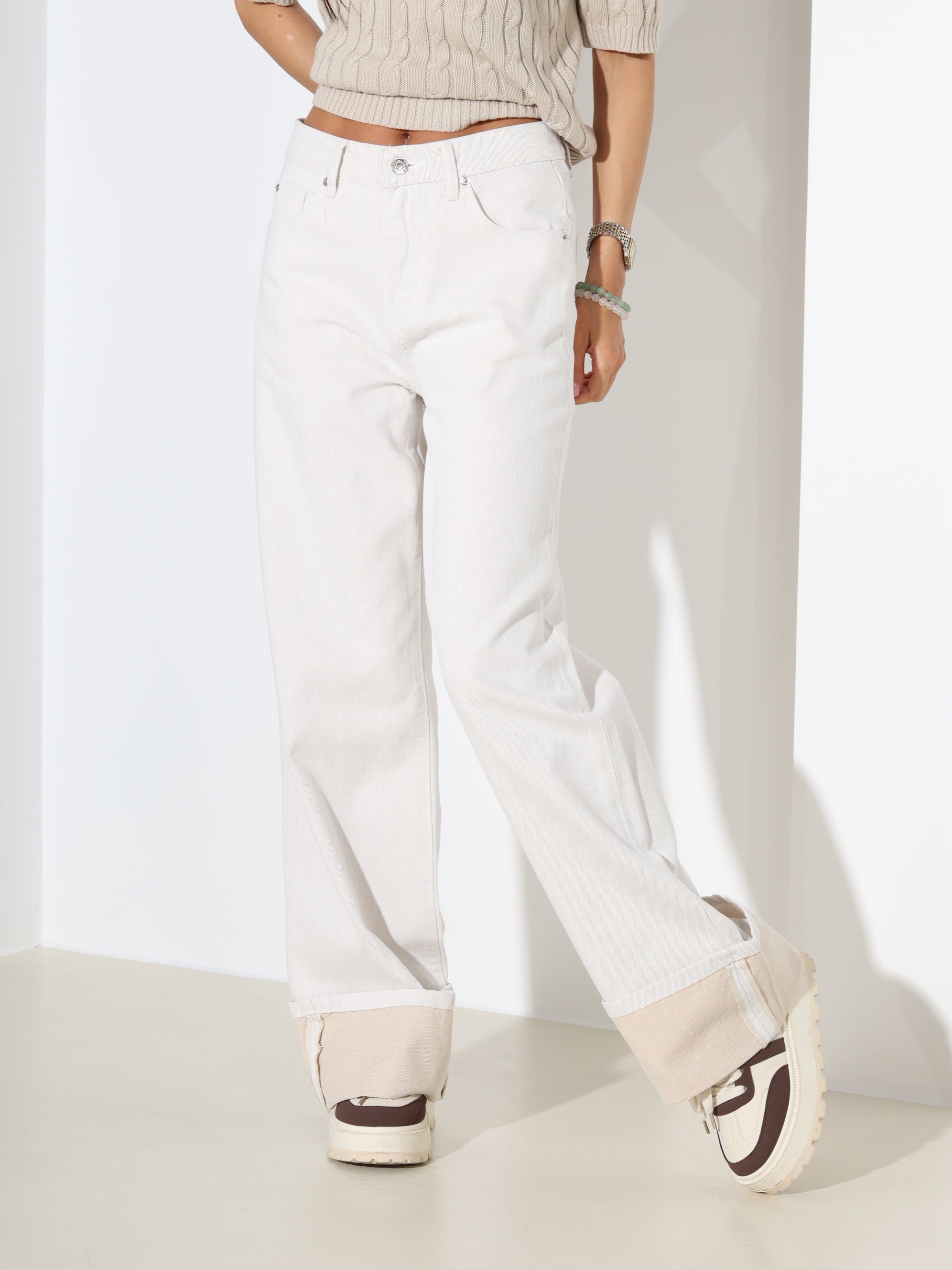 Bēšas "Laulia" džinsa bikses "Premium" ar atloku - 18374