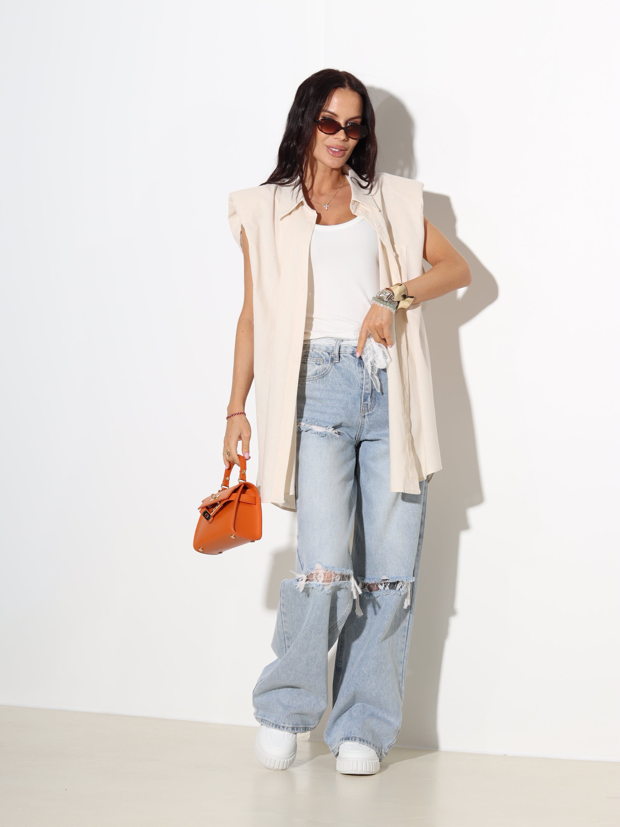 Bēša lina krekls bez piedurknes - 19005