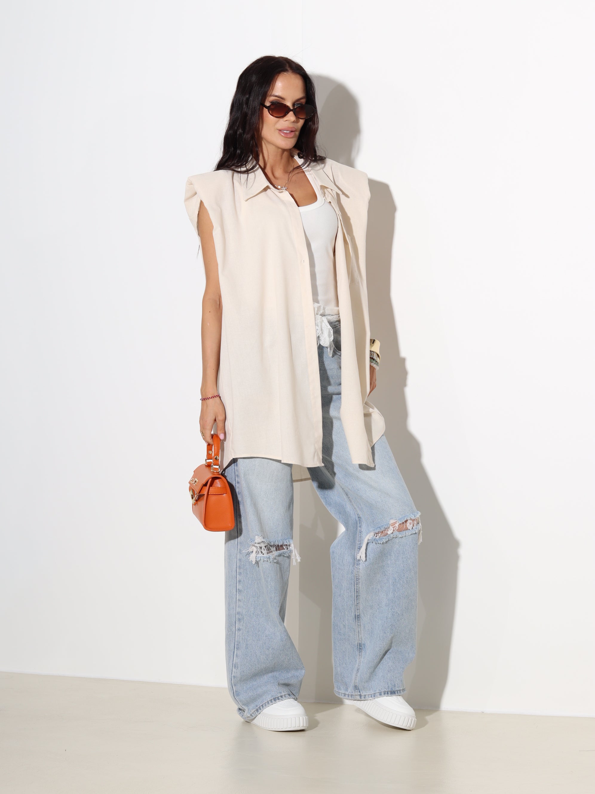 Bēša lina krekls bez piedurknes - 19005