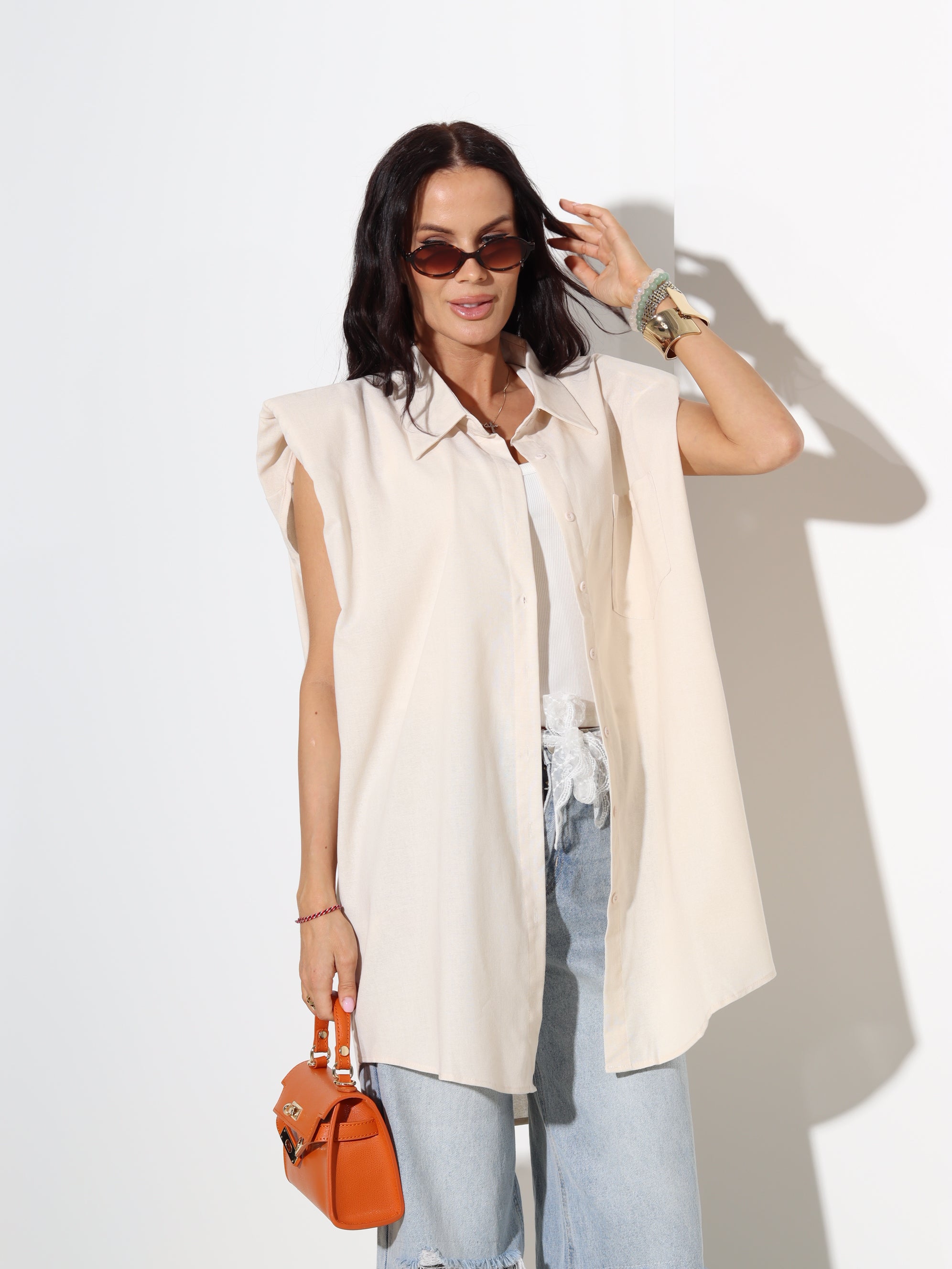 Bēša lina krekls bez piedurknes - 19005