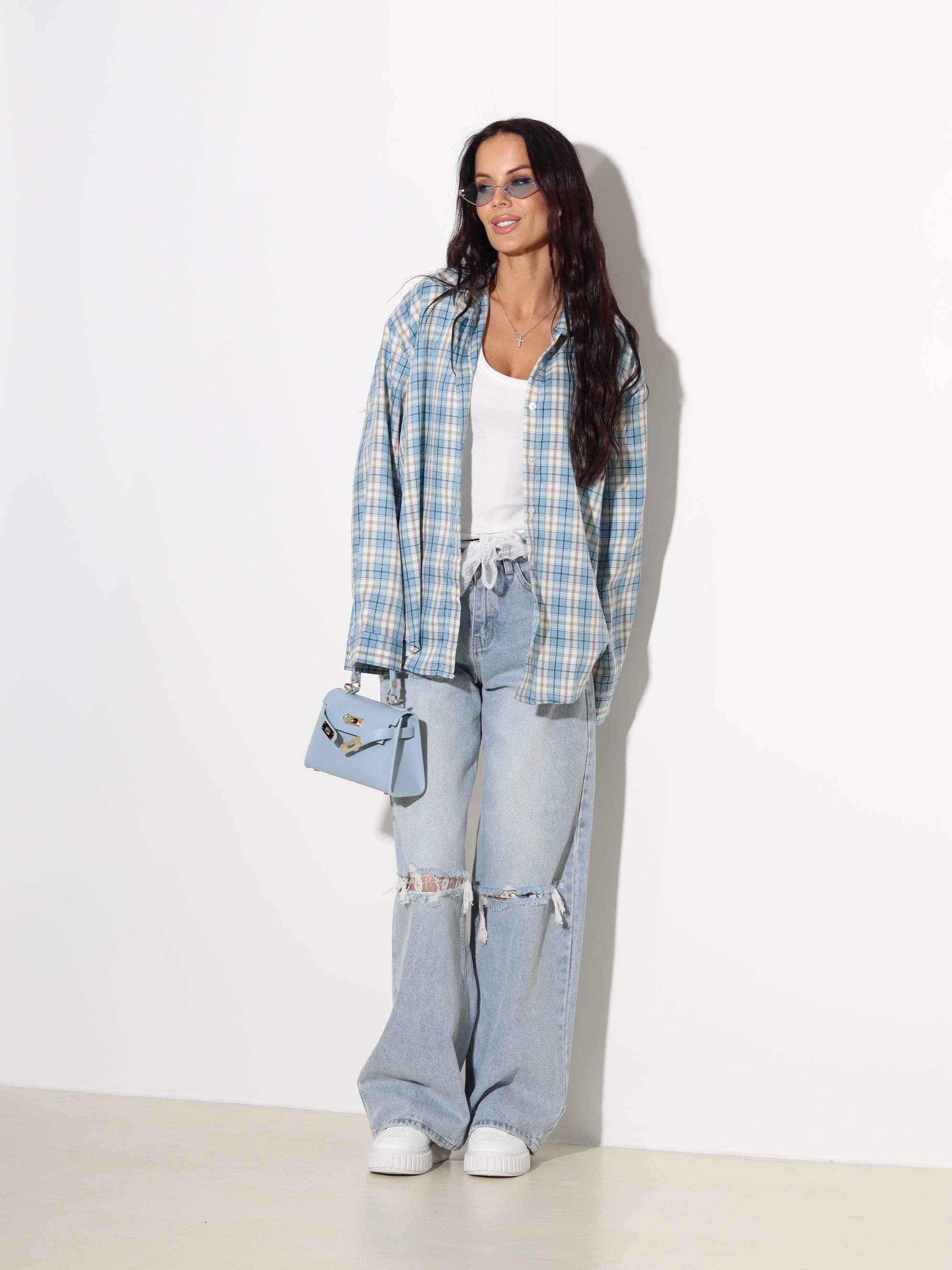 Gaiši zils rūtains krekls ar spīdumu- 19013