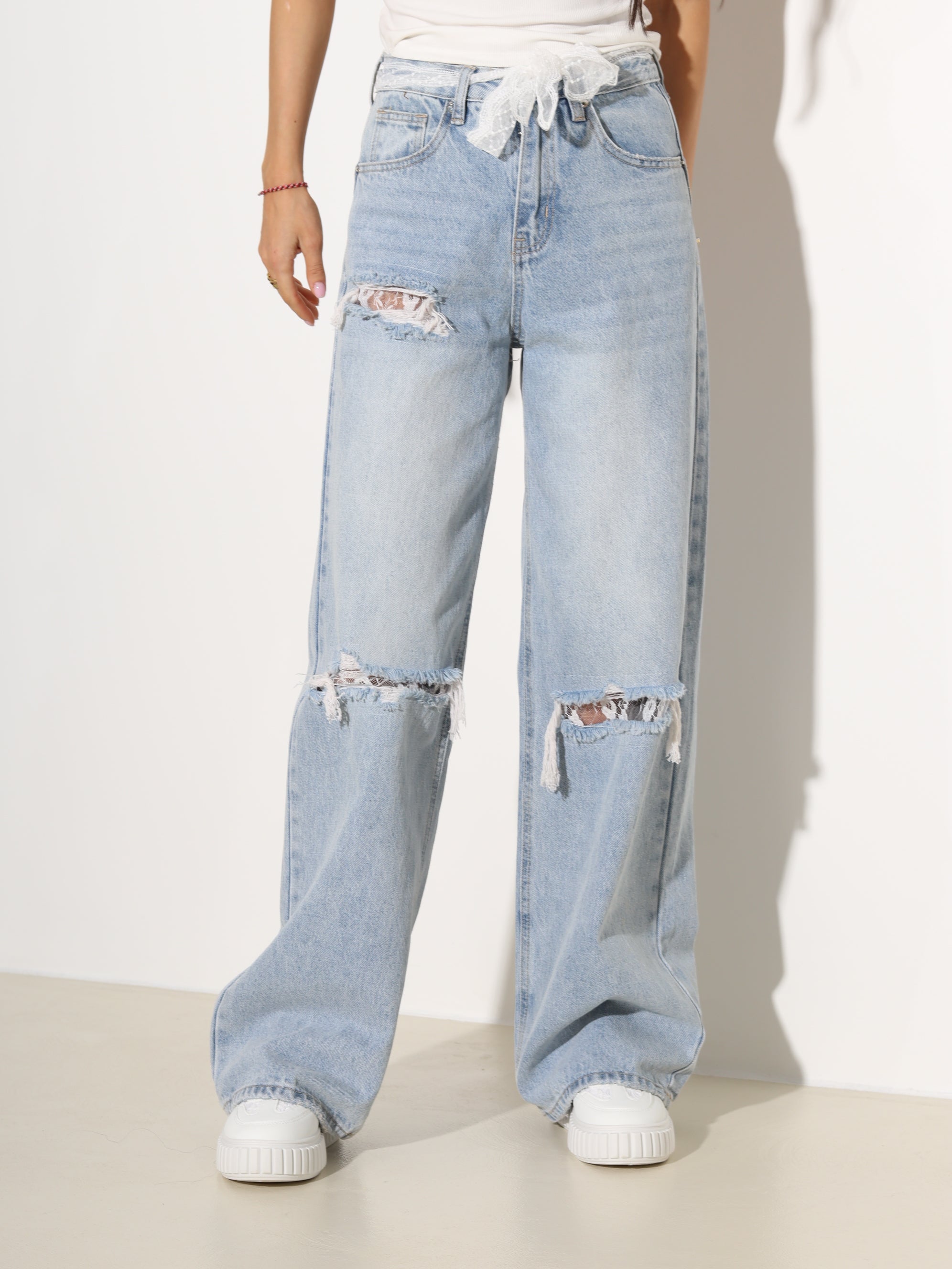 Zilas džinsu bikses ar mežģīnēm - 19015