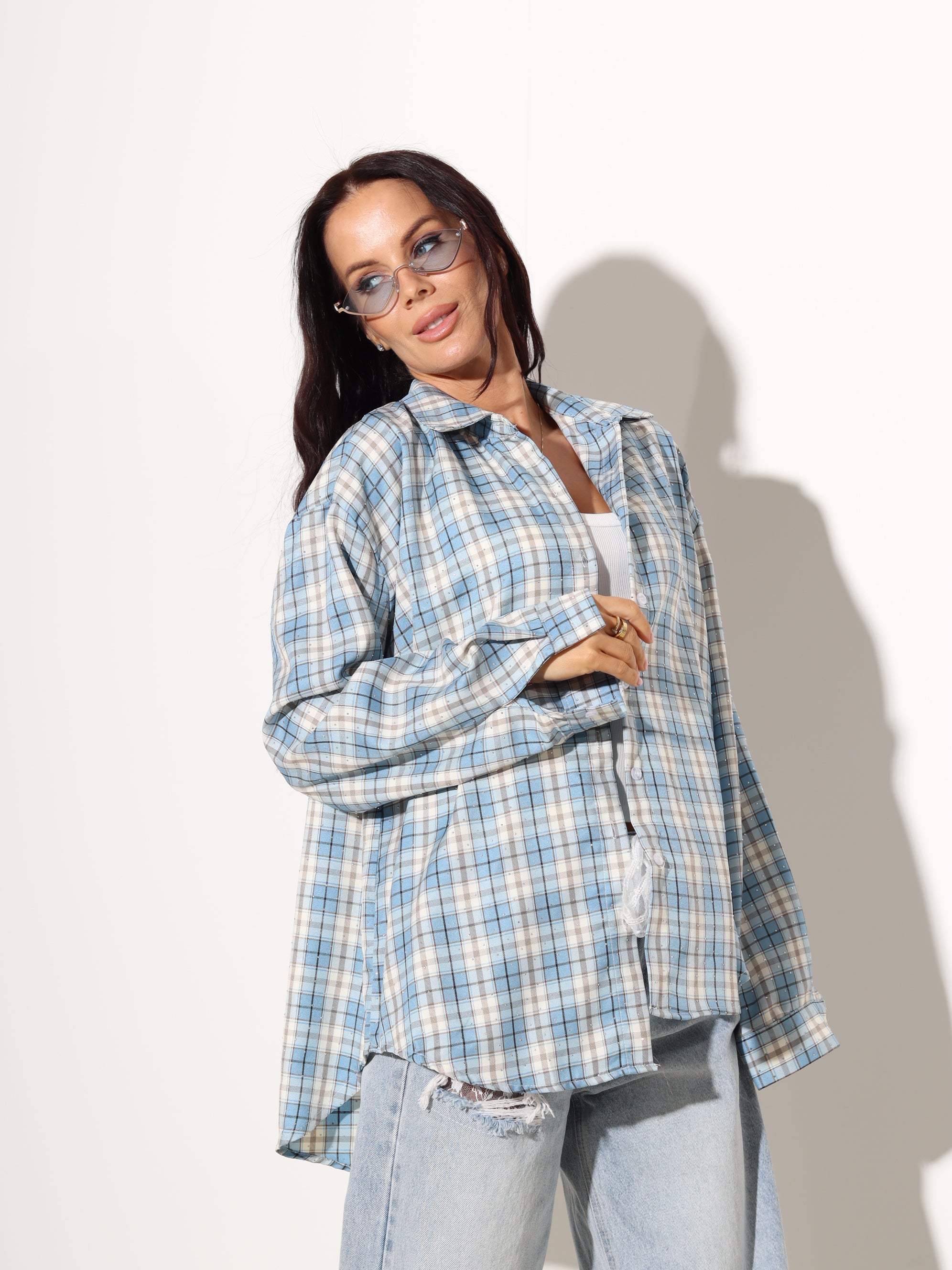 Gaiši zils rūtains krekls ar spīdumu- 19013