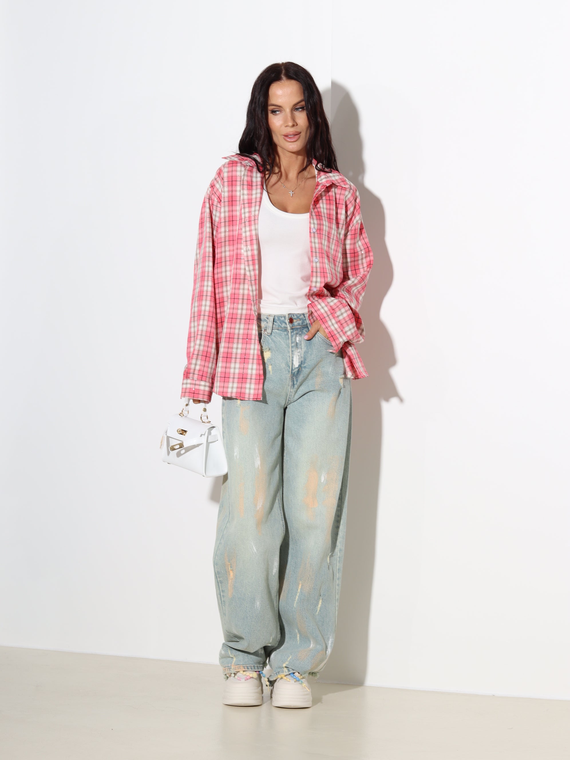 Rozā rūtains krekls ar spīdumu- 19014