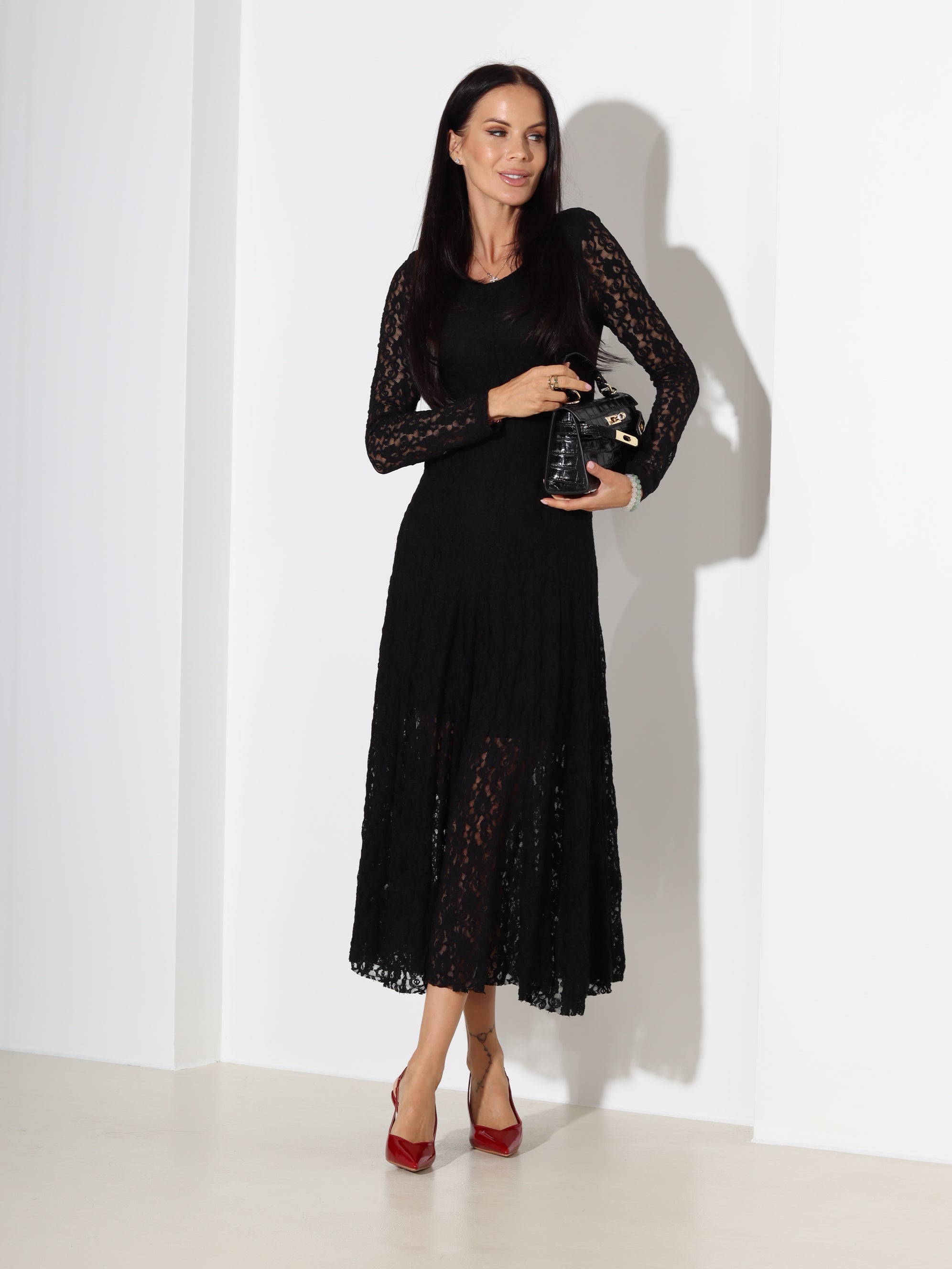 Melna mežģīņu, midi, kleita - 18389