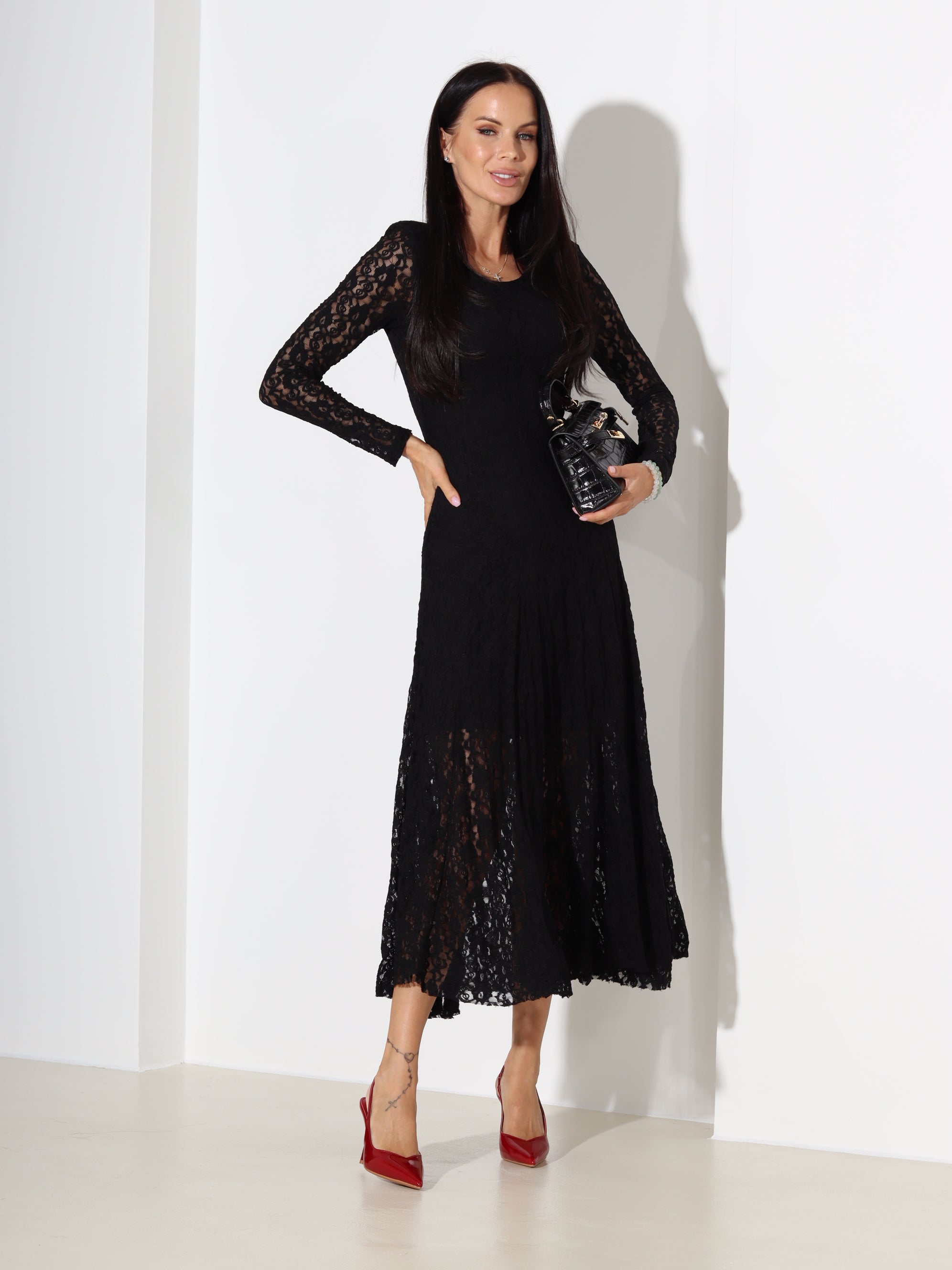 Melna mežģīņu, midi, kleita - 18389