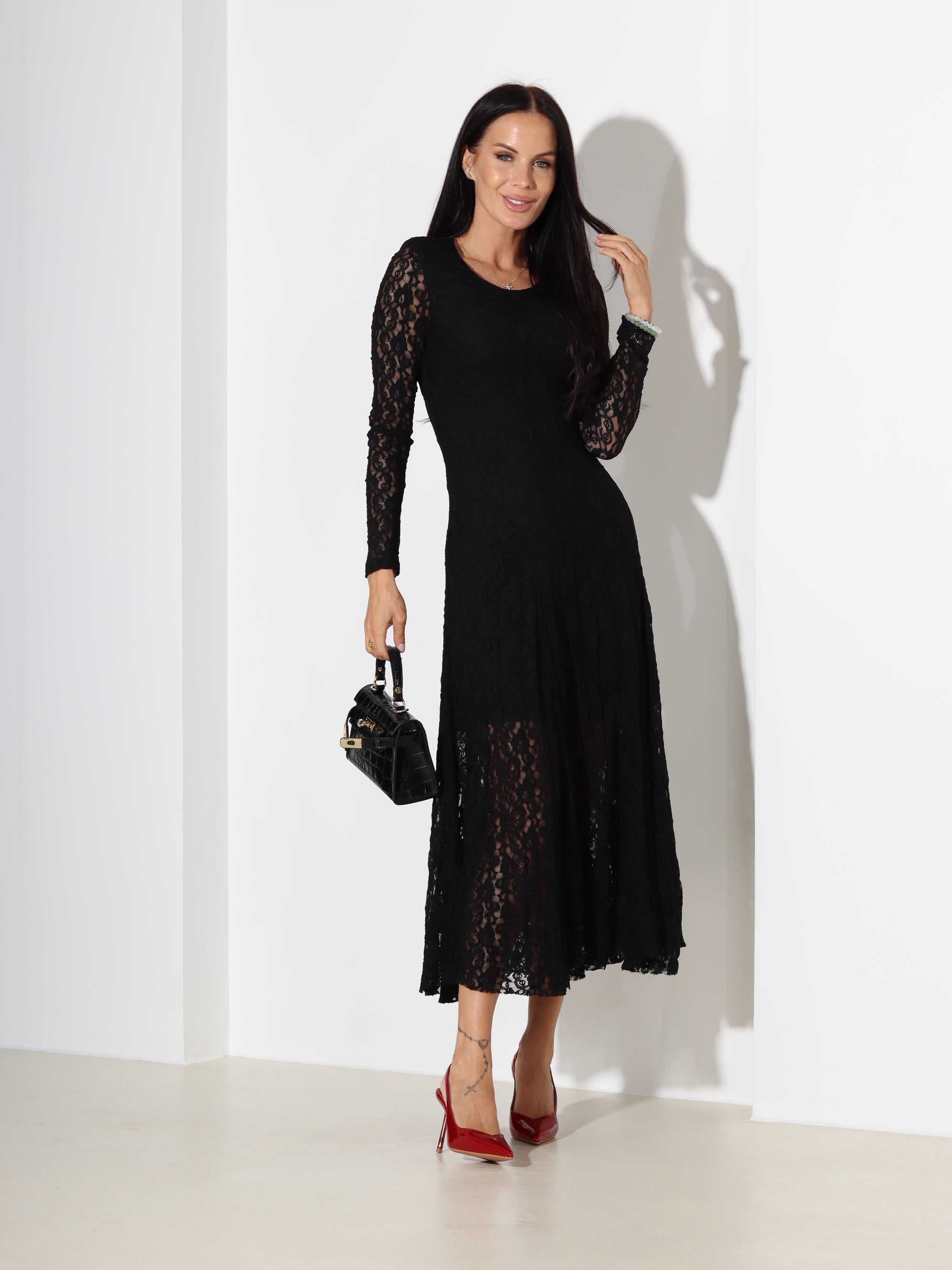 Melna mežģīņu, midi, kleita - 18389