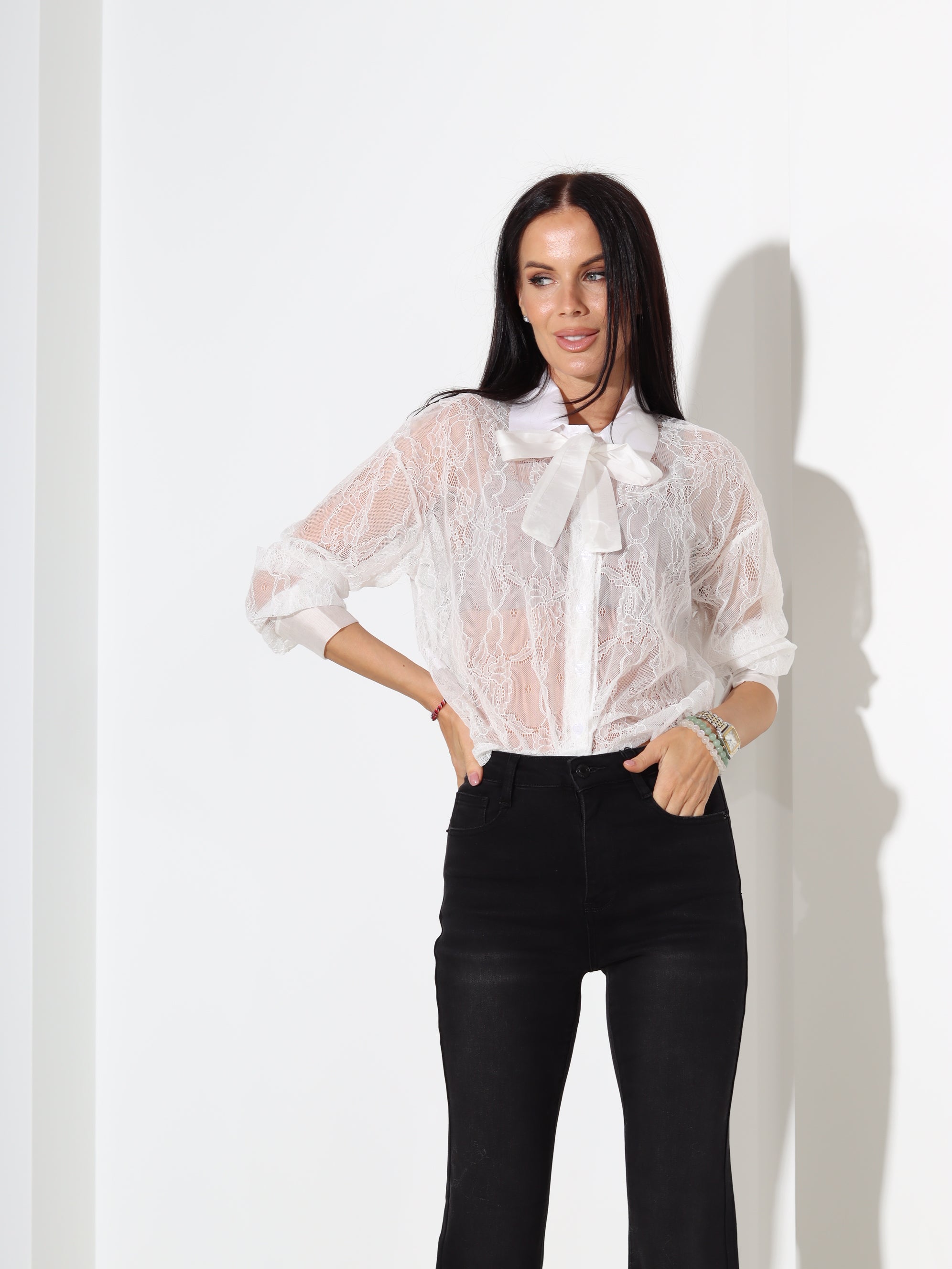 Balts mežģīņu pogājams krekls - 18145