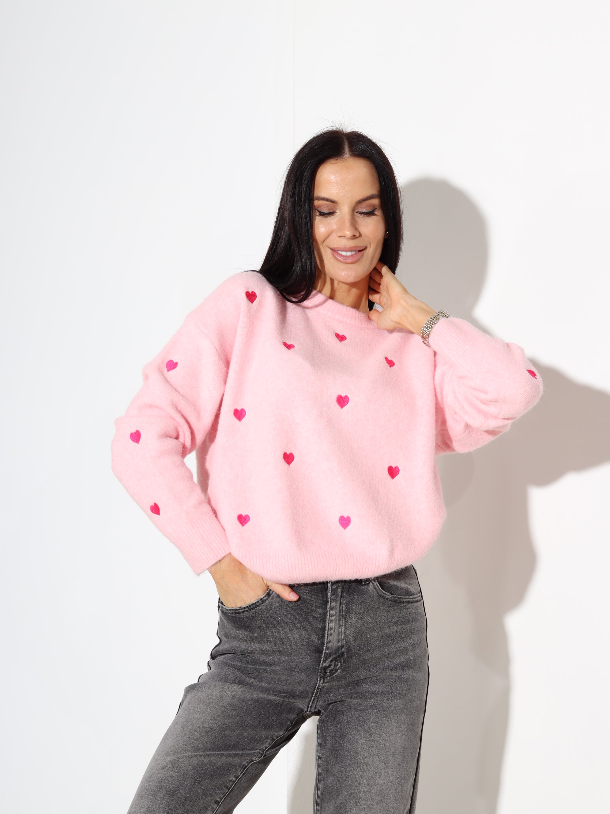 Rozā, adīts džemperis ar rozā sirsniņu - 17961