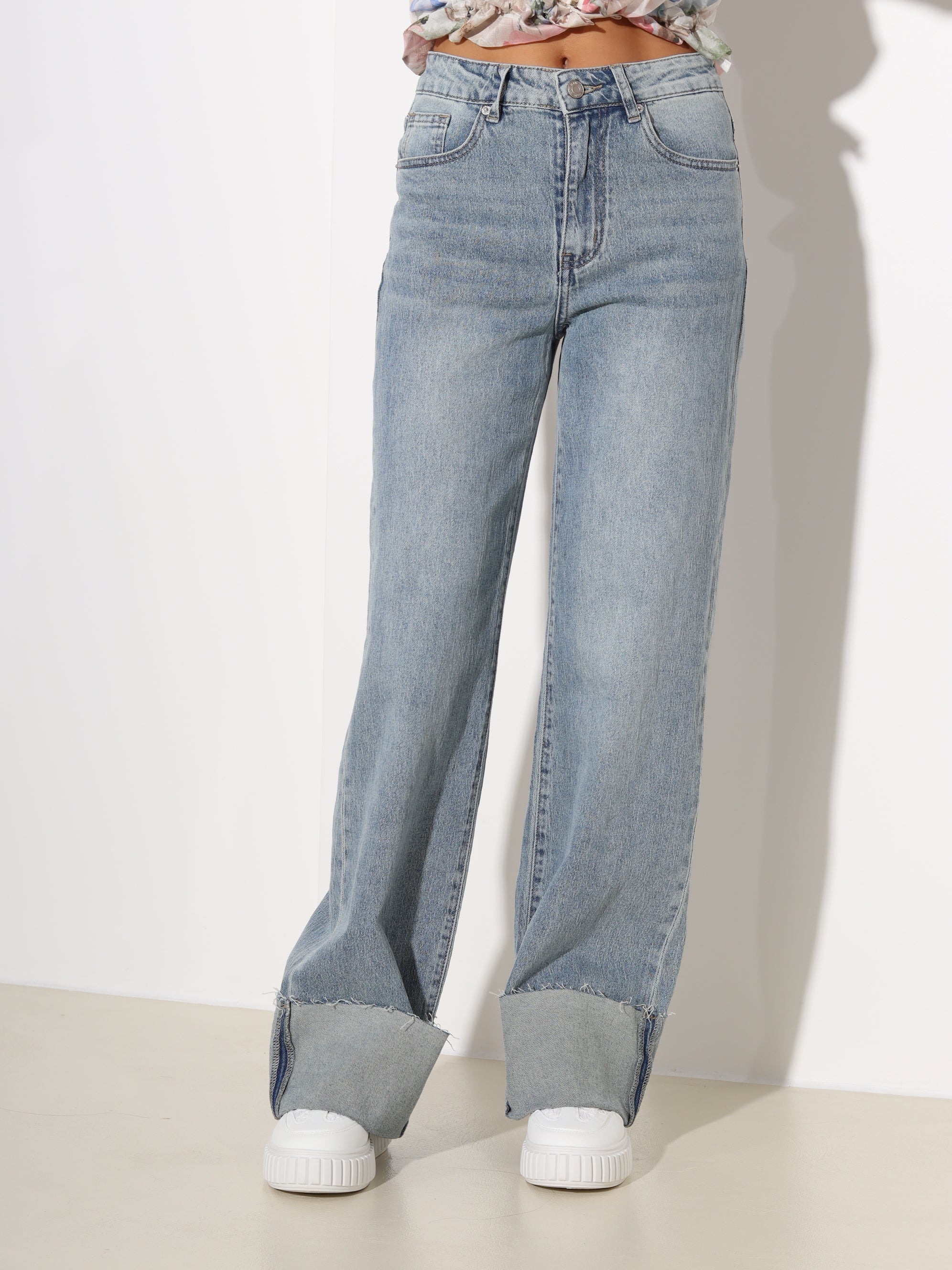 Zilganzaļas "Laulia" džinsu bikses "Dad fit" ar atloku- 19092