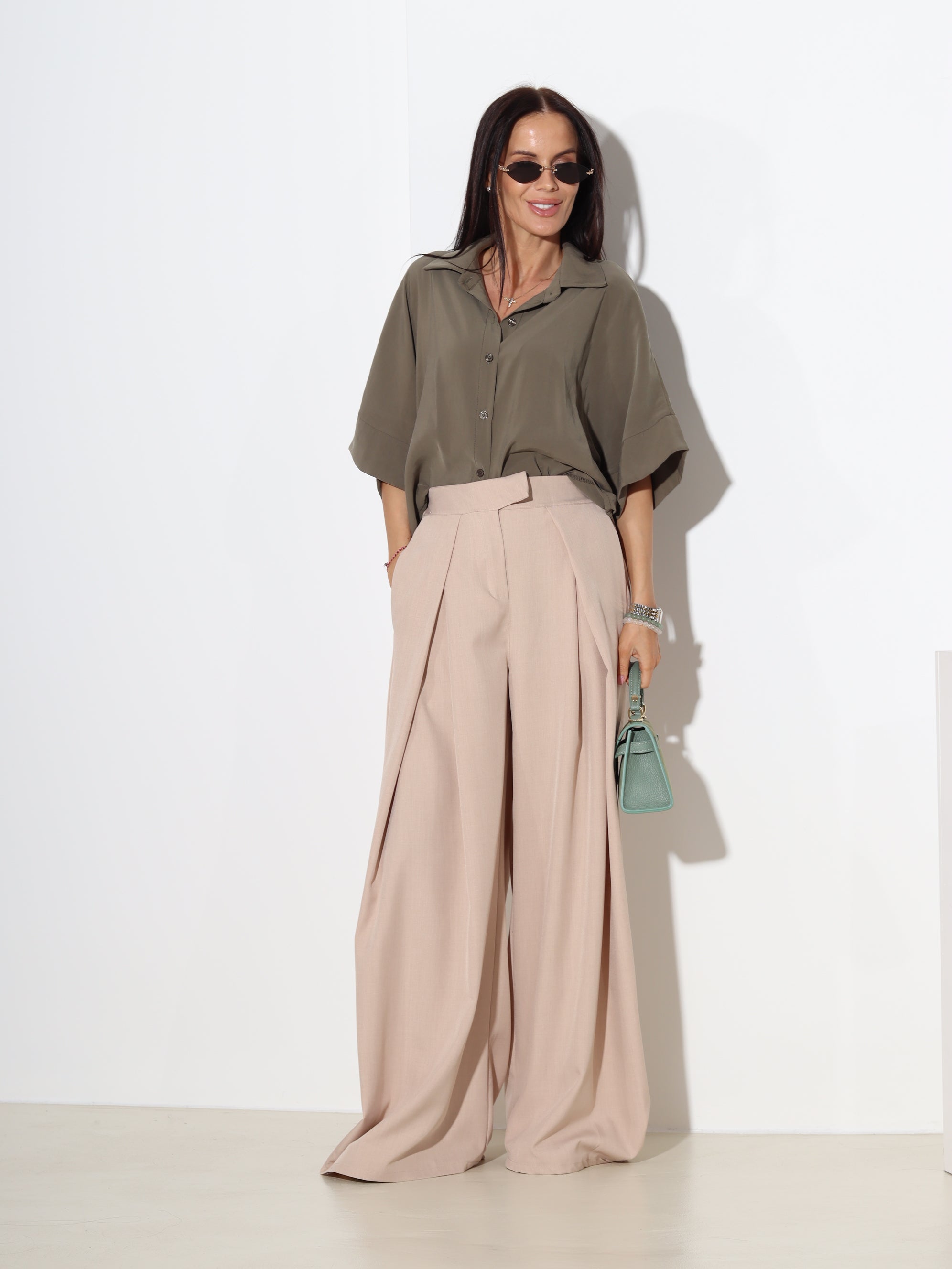 Haki/ zaļa saīsināta oversize blūze ar 3/4 daļu piedurkni - 19757