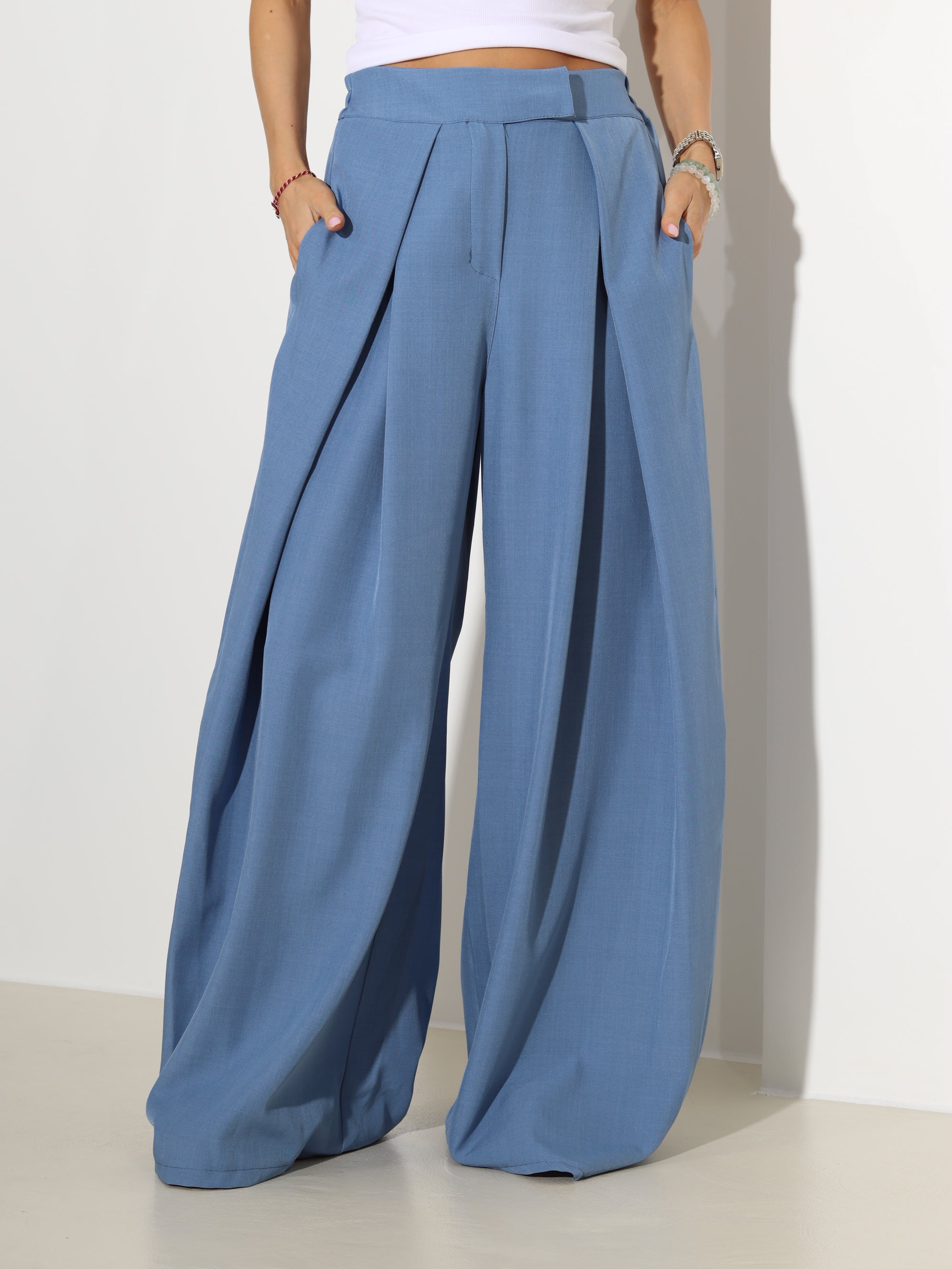 Džinsa tonī klasiskas bikses ar platu dubultieloci - 18923