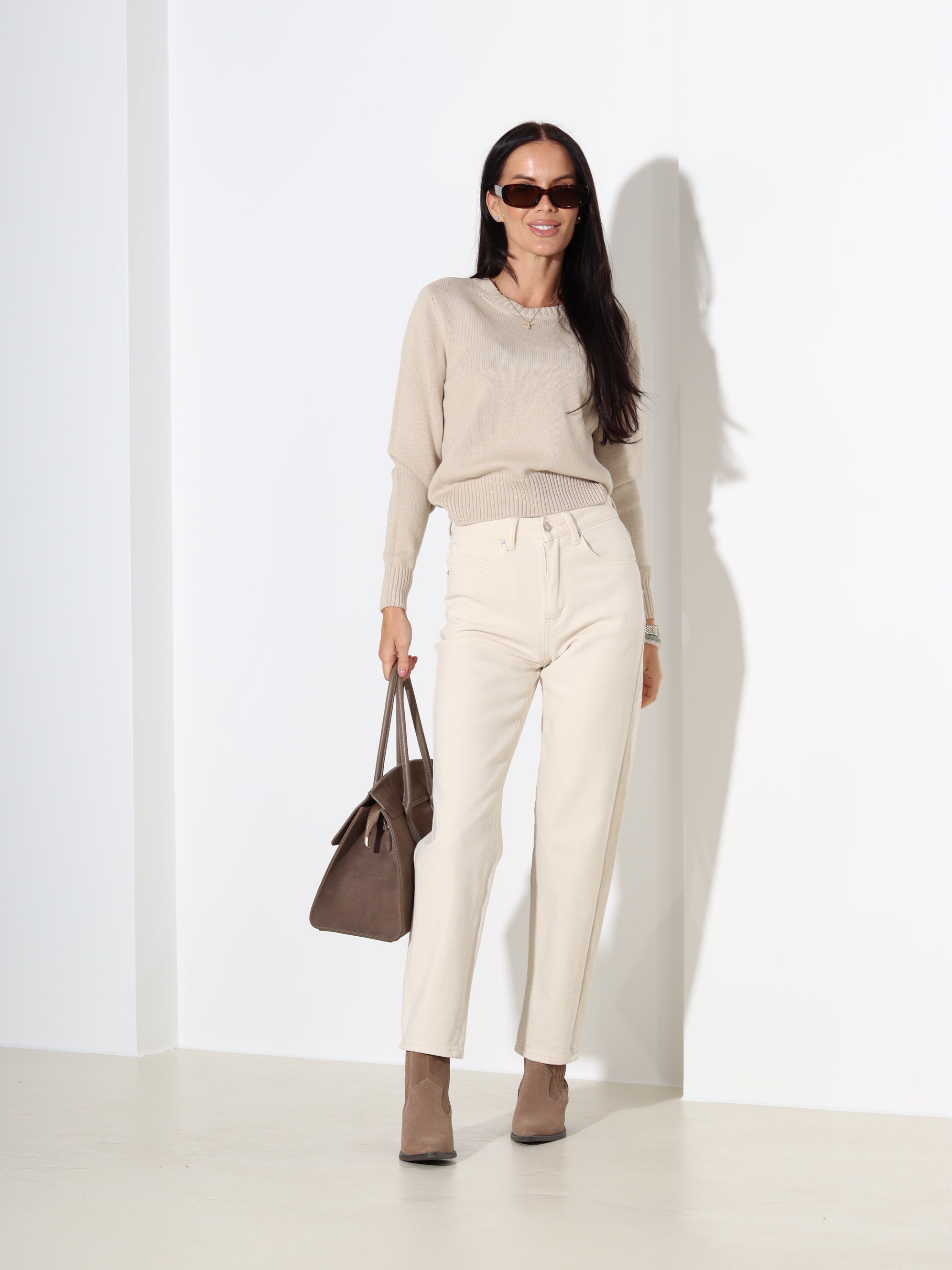 Bēšs "basic" adīts kokvilnas džemperis - 18185