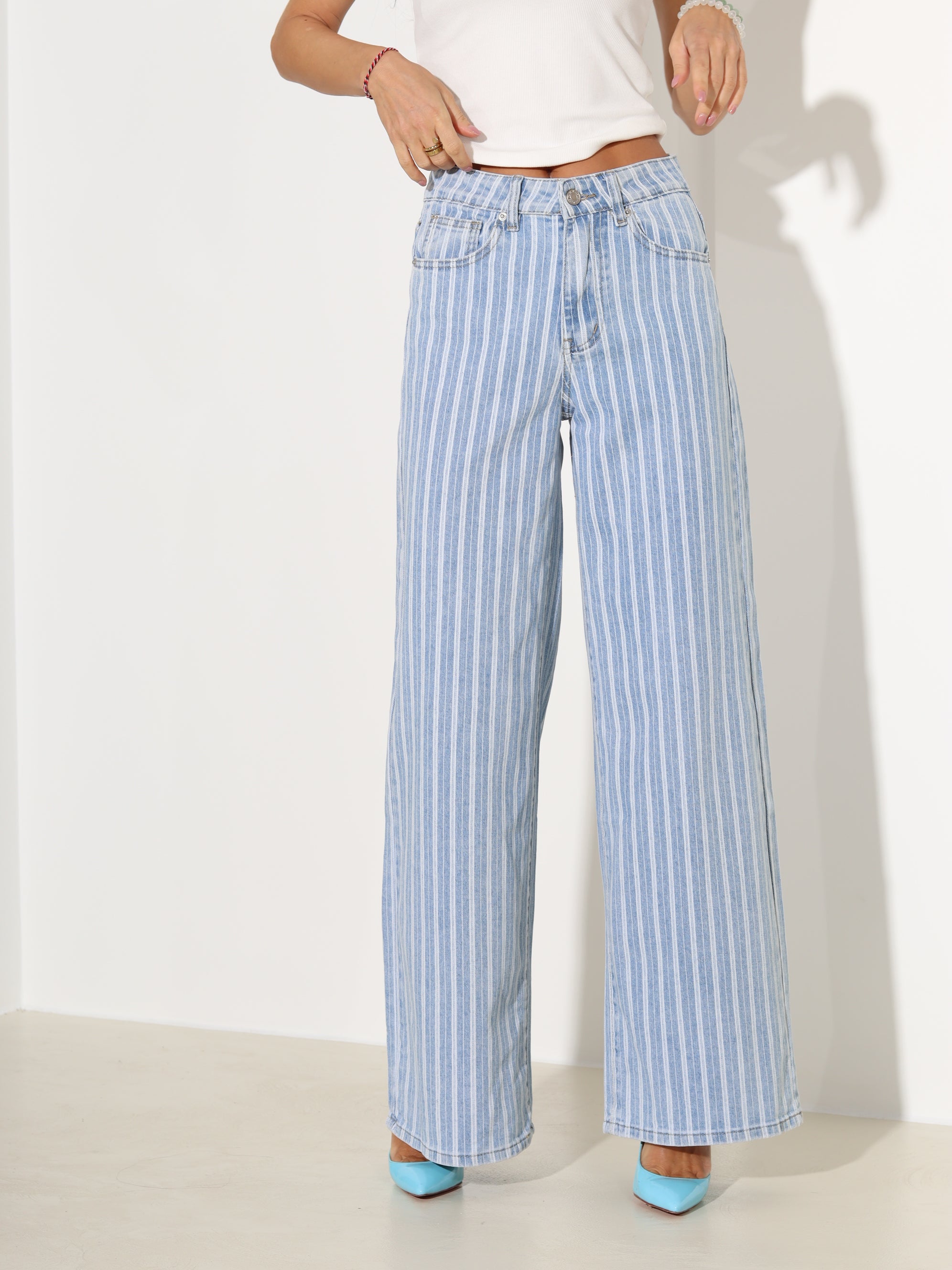 Zilas džinsa püksid ar baltām svītrām - 18167