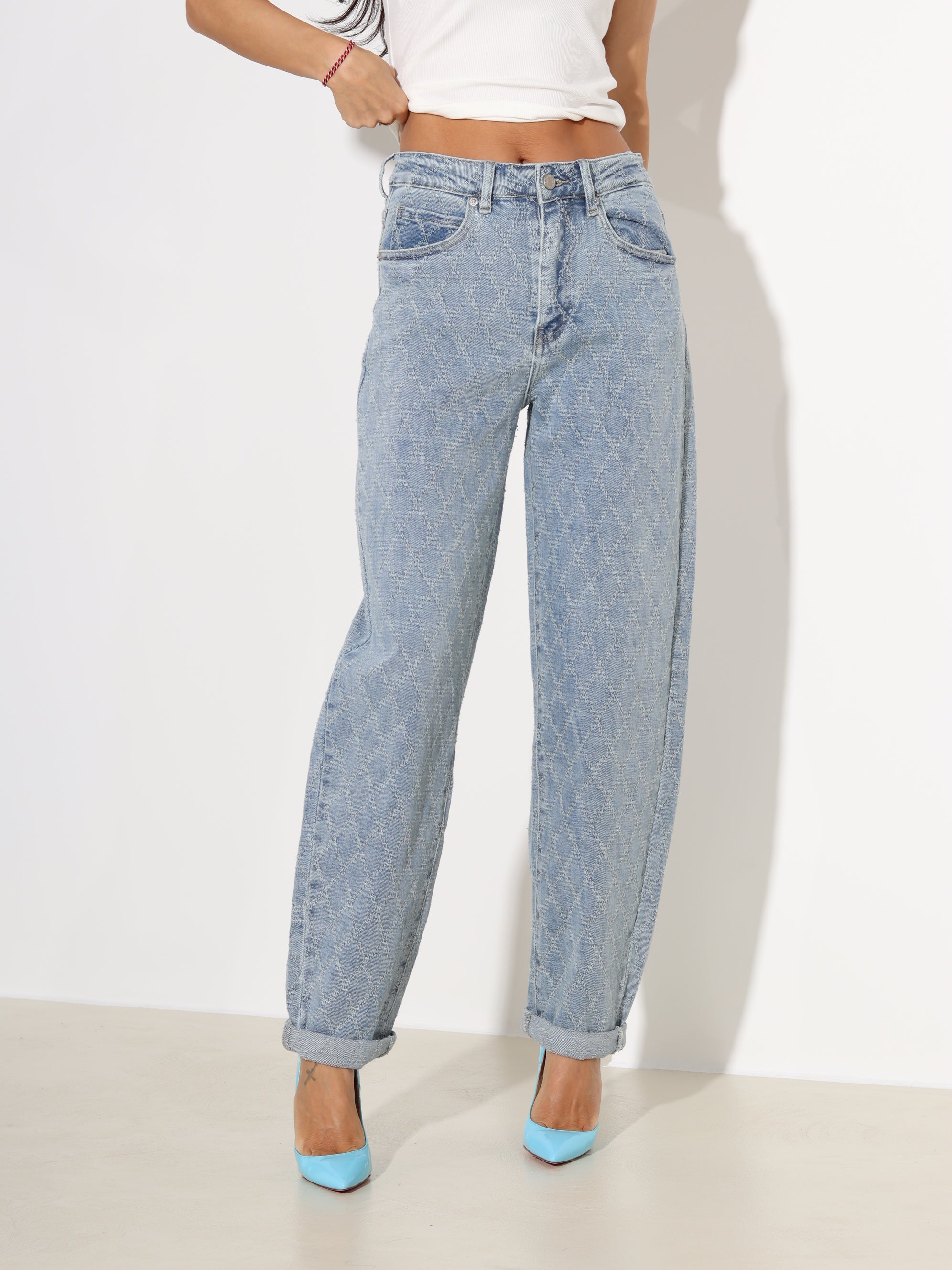 Zilas džinsa püksid ar romba rakstu - 18163