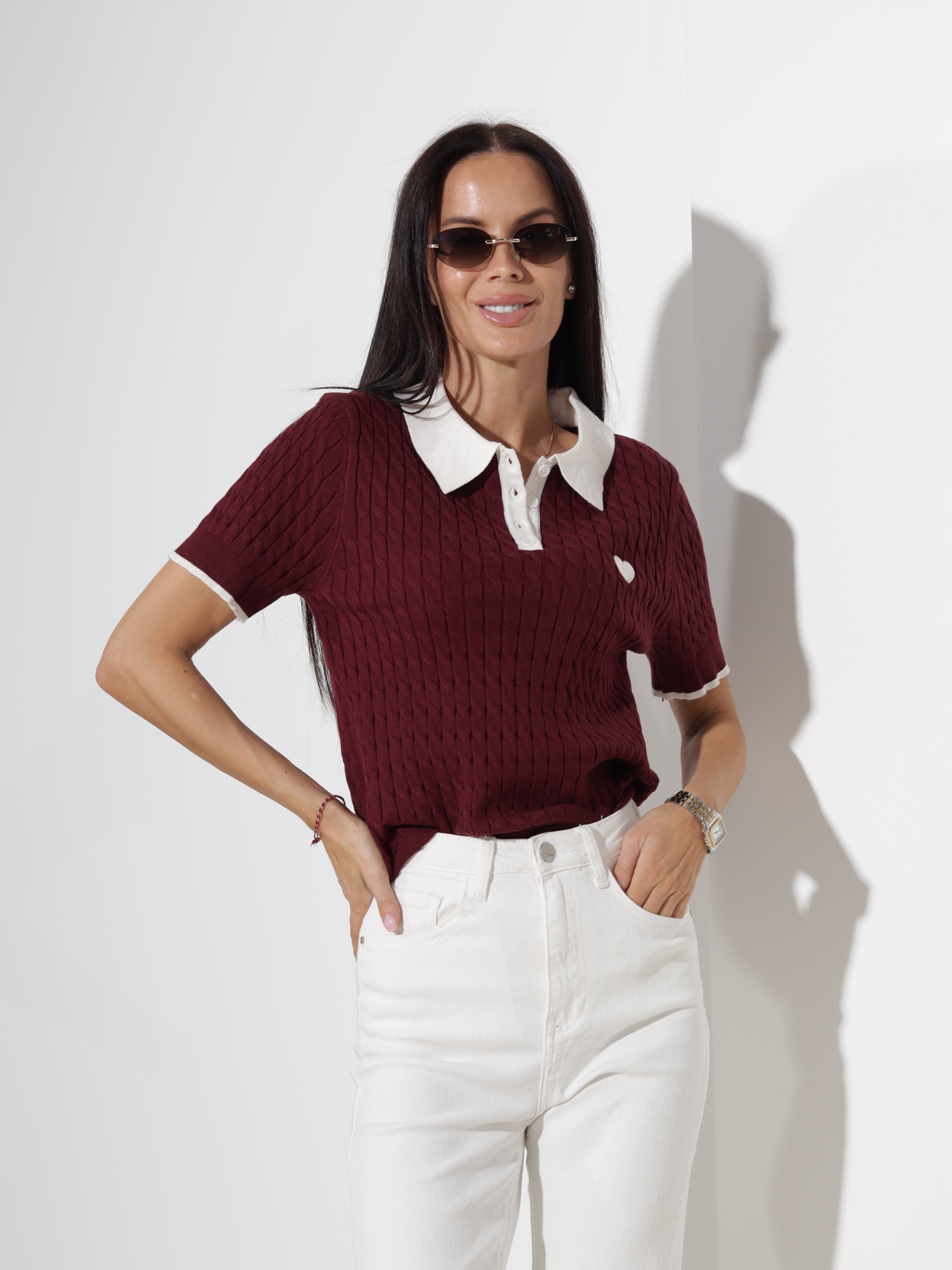 Bordo polo tops 'Sirds pīnītē', balta apkakle - 20446