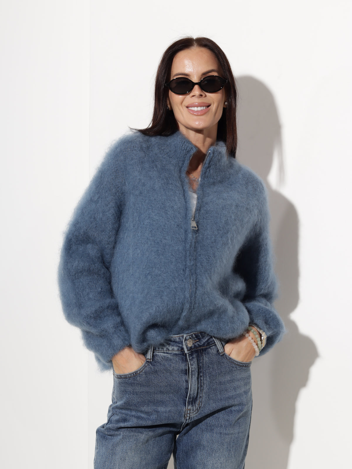 Zila mohēras jaka ar rāvējslēdzēju - 21159