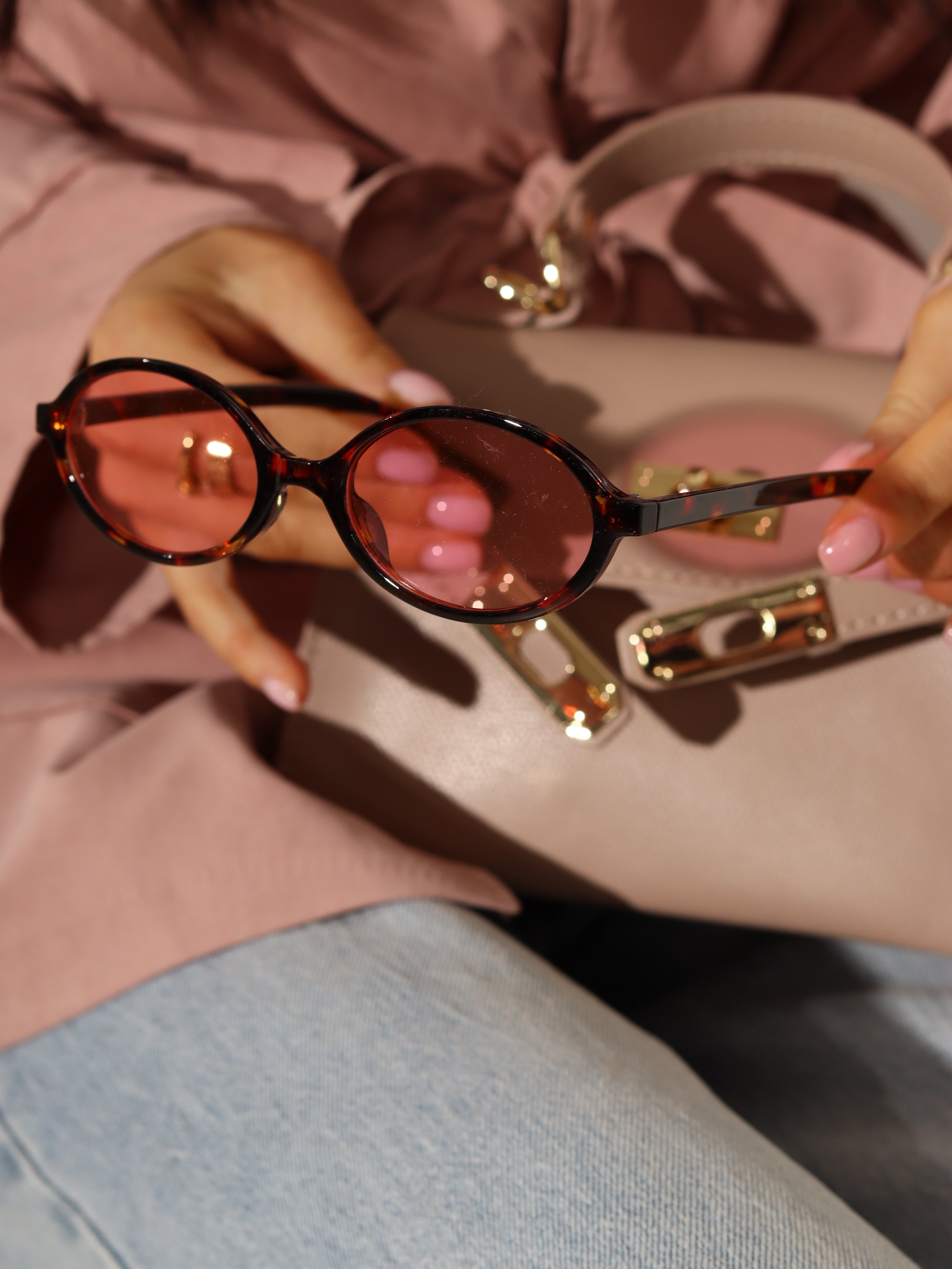 Brūnas+rozā smalki ovālas saulesbrilles- 18802