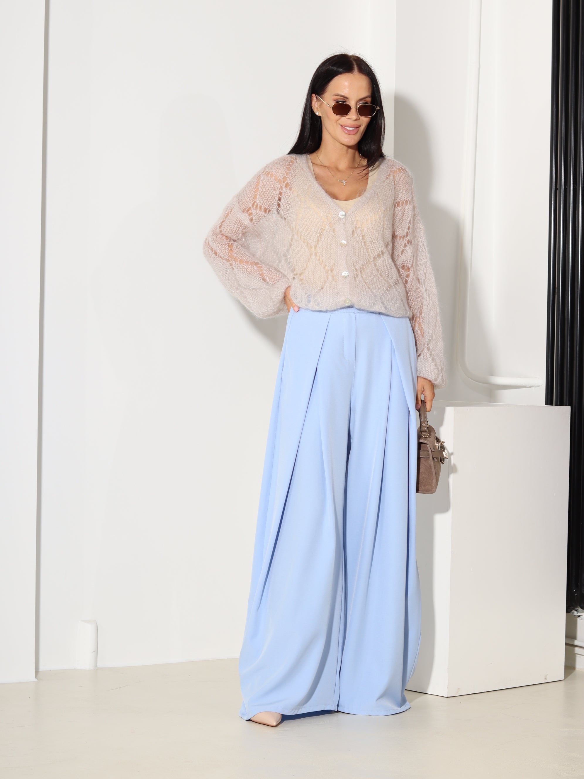 Zilas klasiskas bikses ar platu dubultieloci - 18533