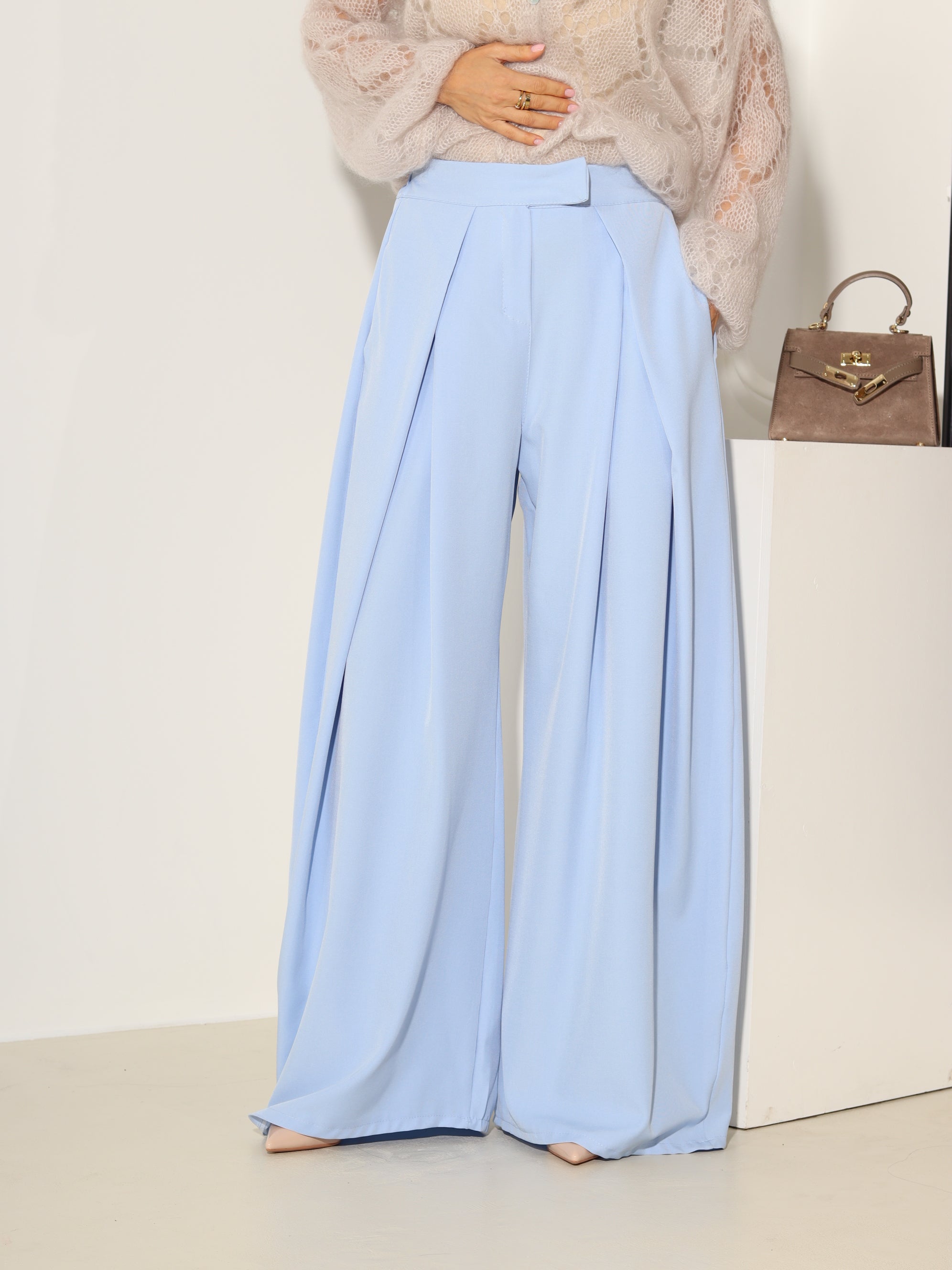 Zilas klasiskas bikses ar platu dubultieloci - 18533