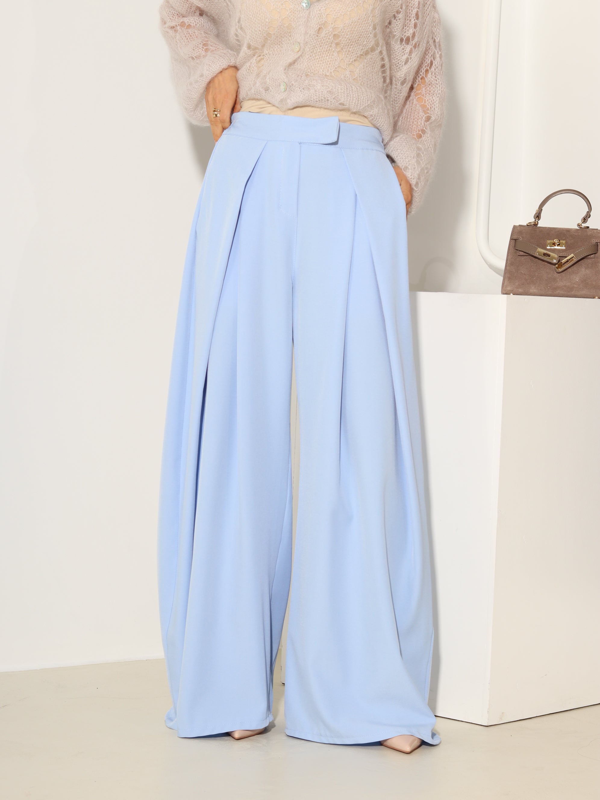 Zilas klasiskas bikses ar platu dubultieloci - 18533