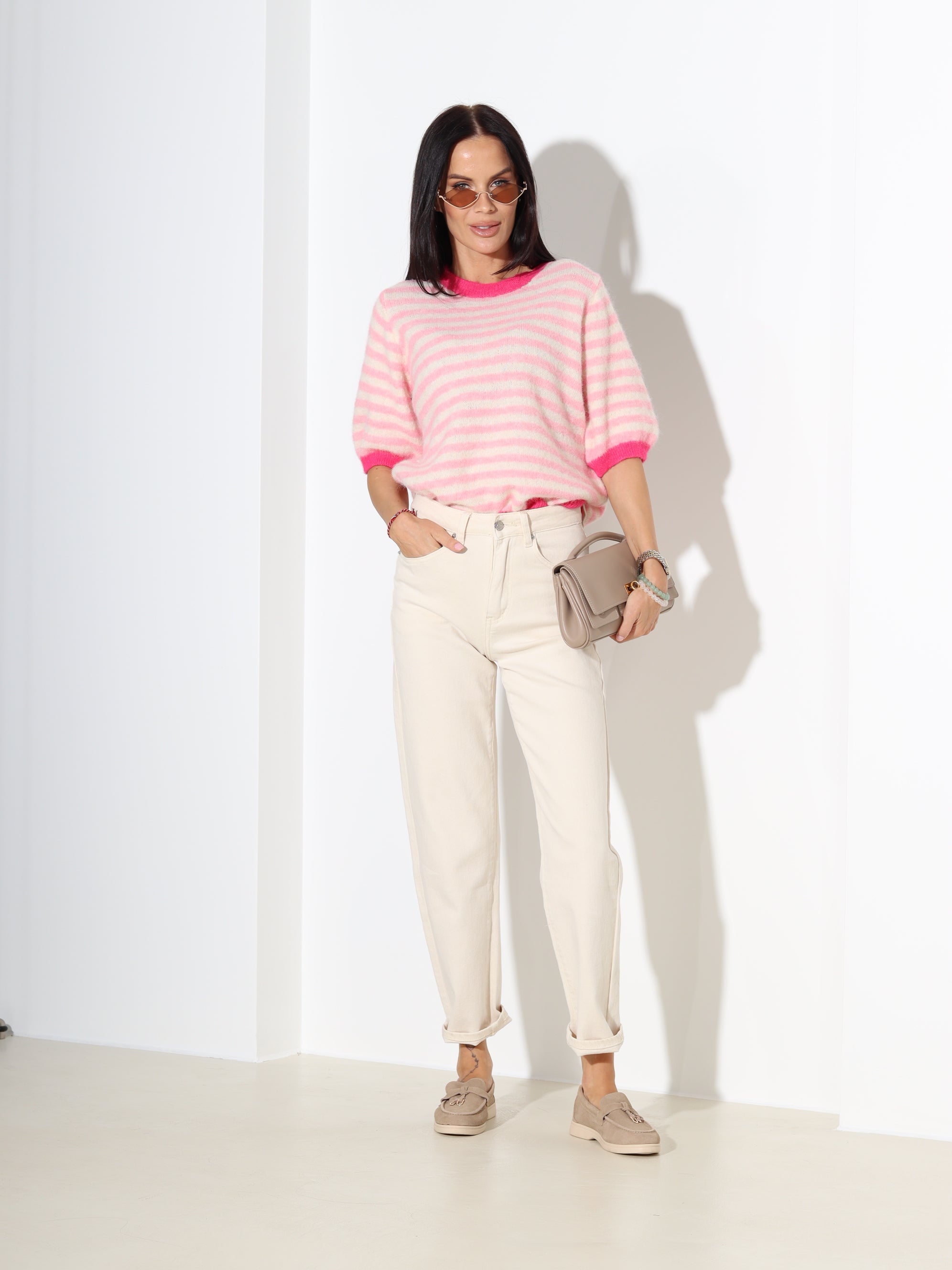 Rozā, strīpains džemperis ar īsām piedurknēm - 18297