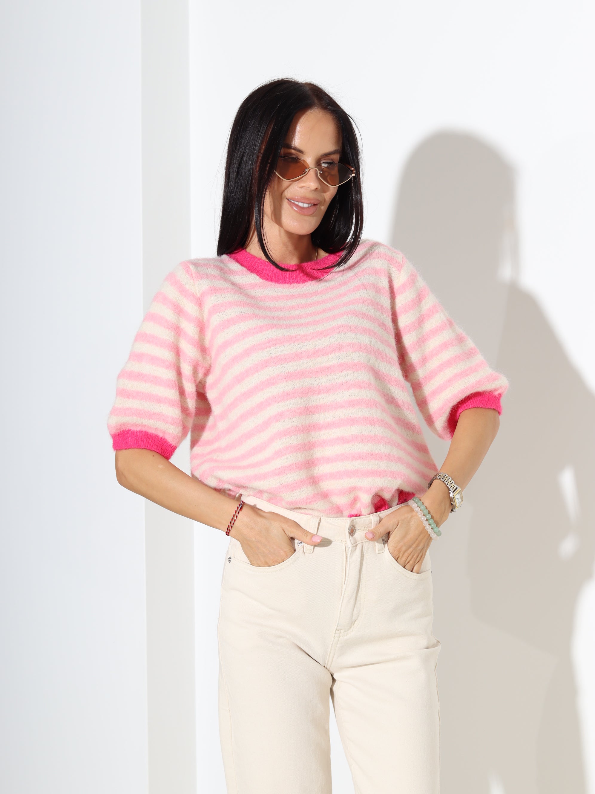 Rozā, strīpains džemperis ar īsām piedurknēm - 18297