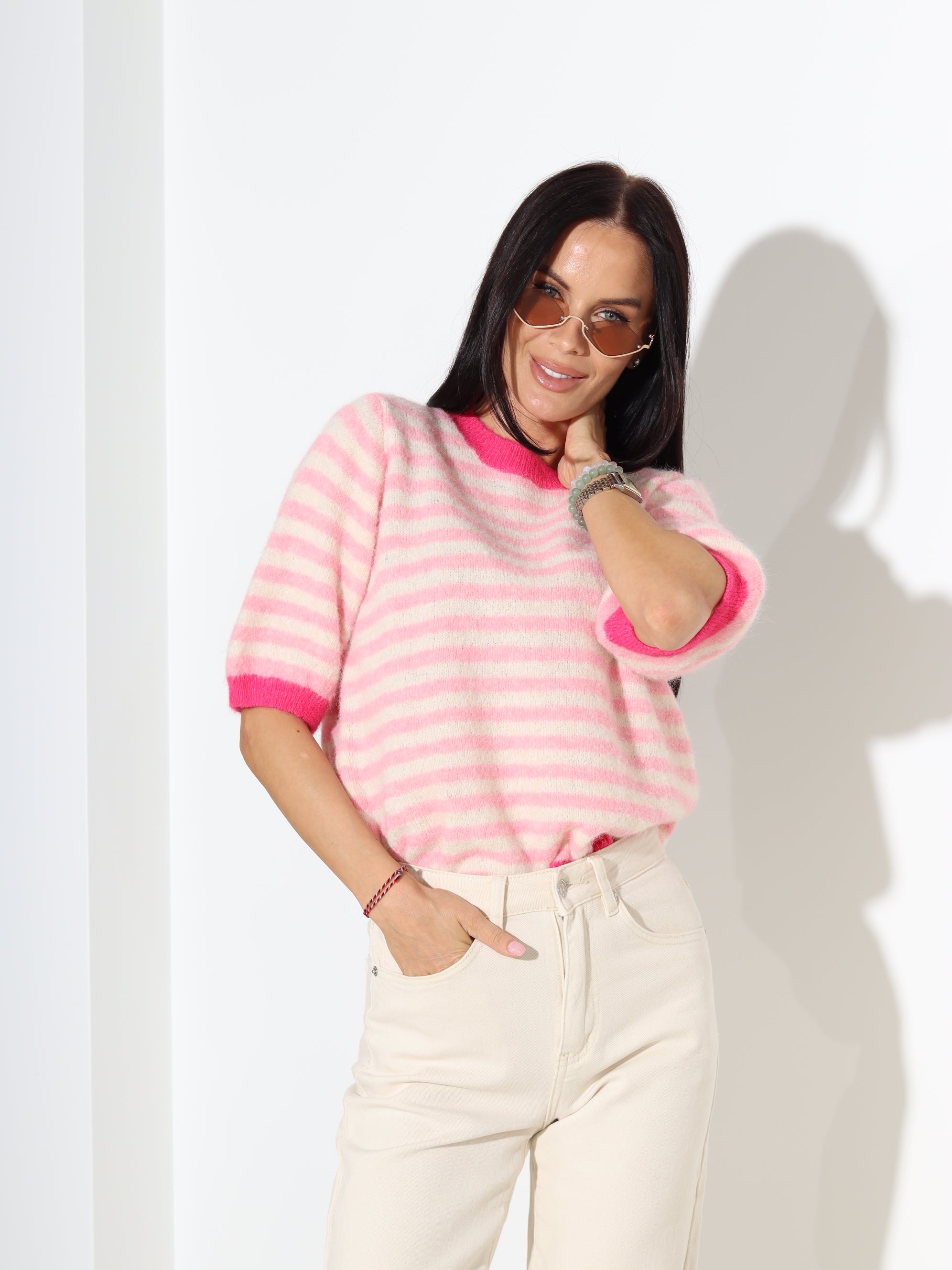 Rozā, strīpains džemperis ar īsām piedurknēm - 18297