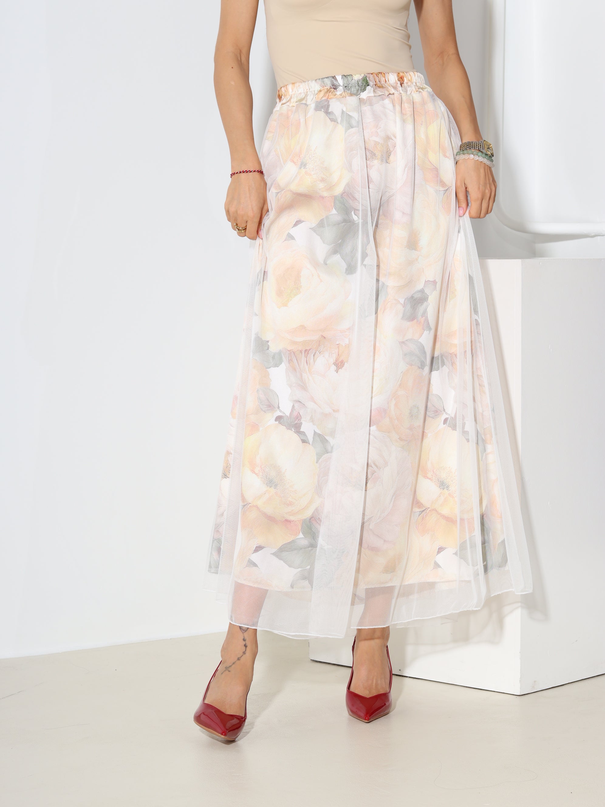 Dzelteni, gari tilla svārki ar ziedu motīva oderi - 18545