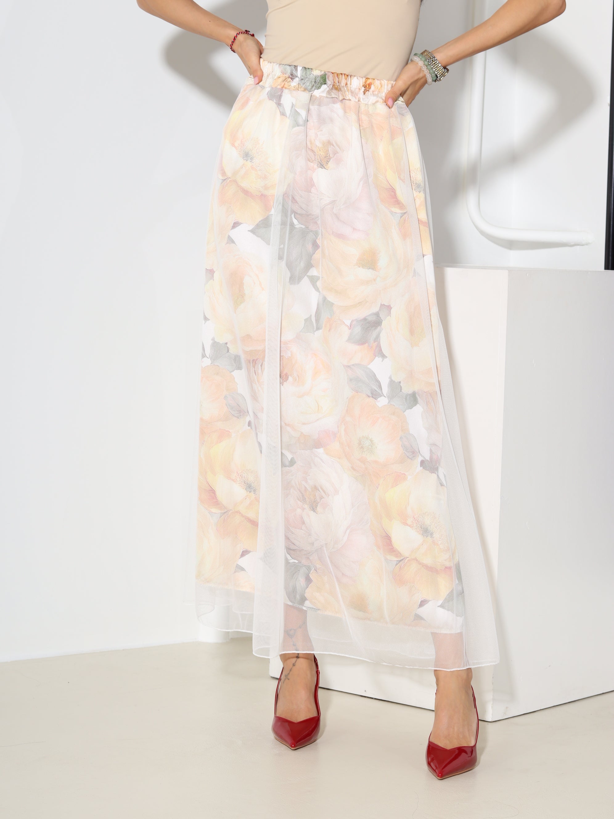 Dzelteni, gari tilla svārki ar ziedu motīva oderi - 18545