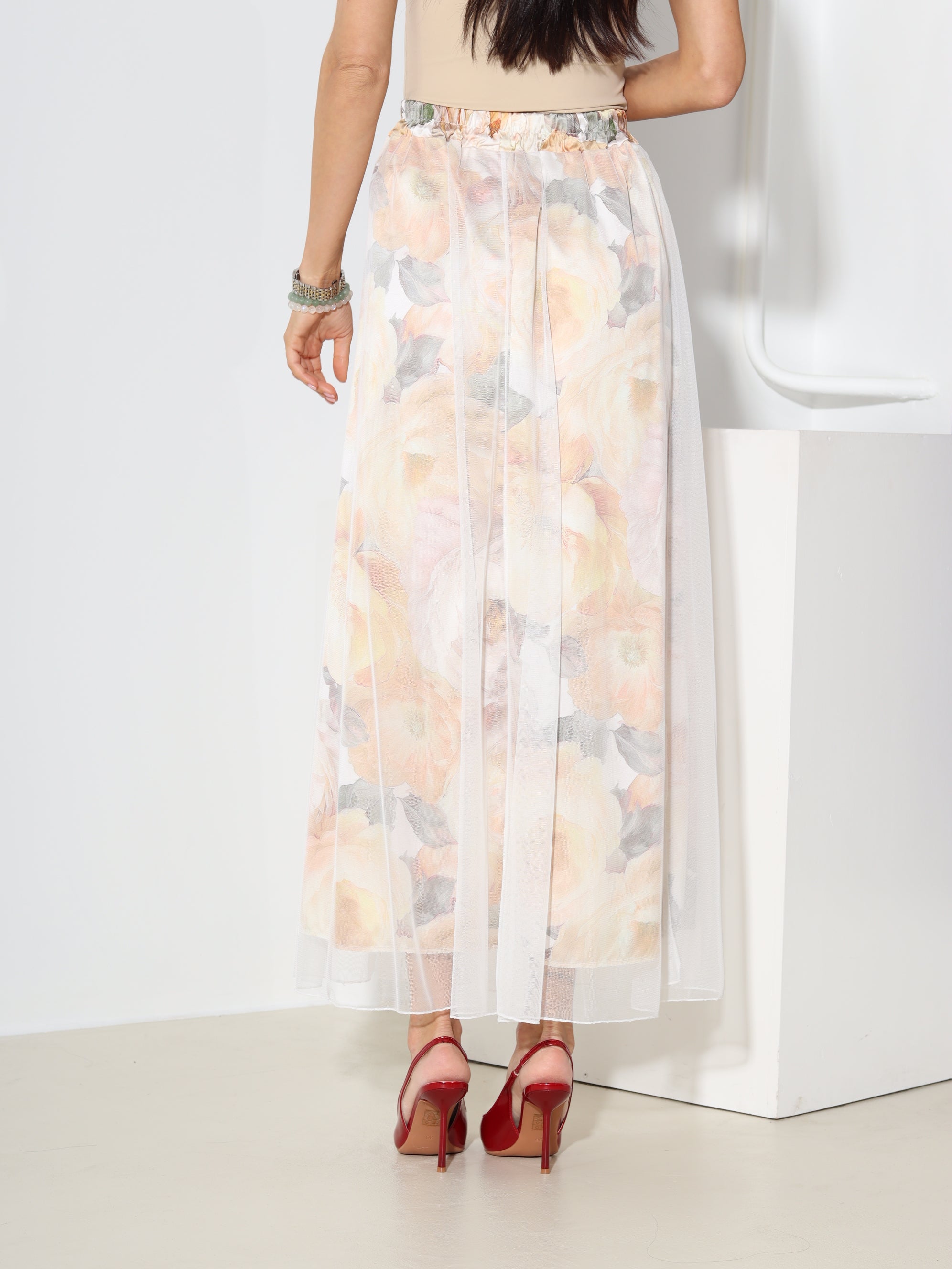 Dzelteni, gari tilla svārki ar ziedu motīva oderi - 18545