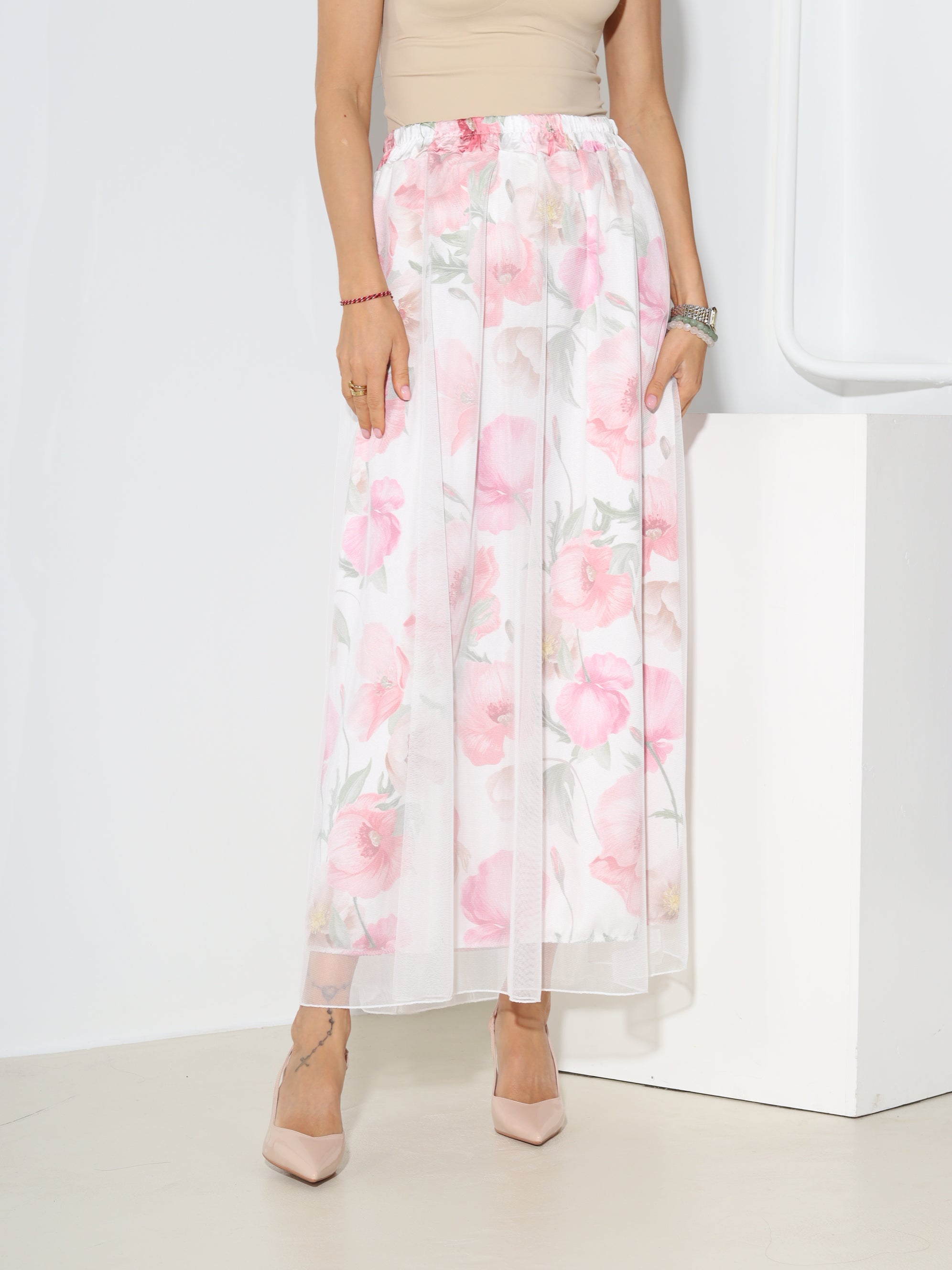 Rozā, gari tilla svārki ar ziedu motīva oderi - 18546