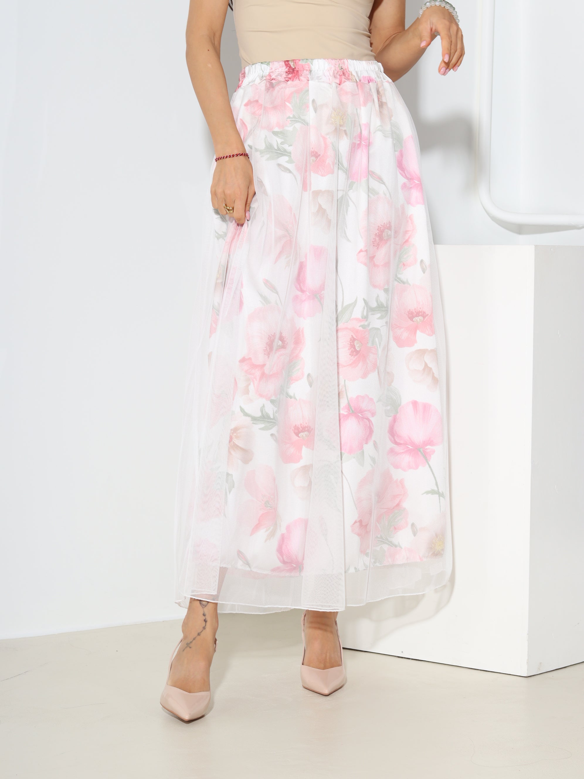 Rozā, gari tilla svārki ar ziedu motīva oderi - 18546