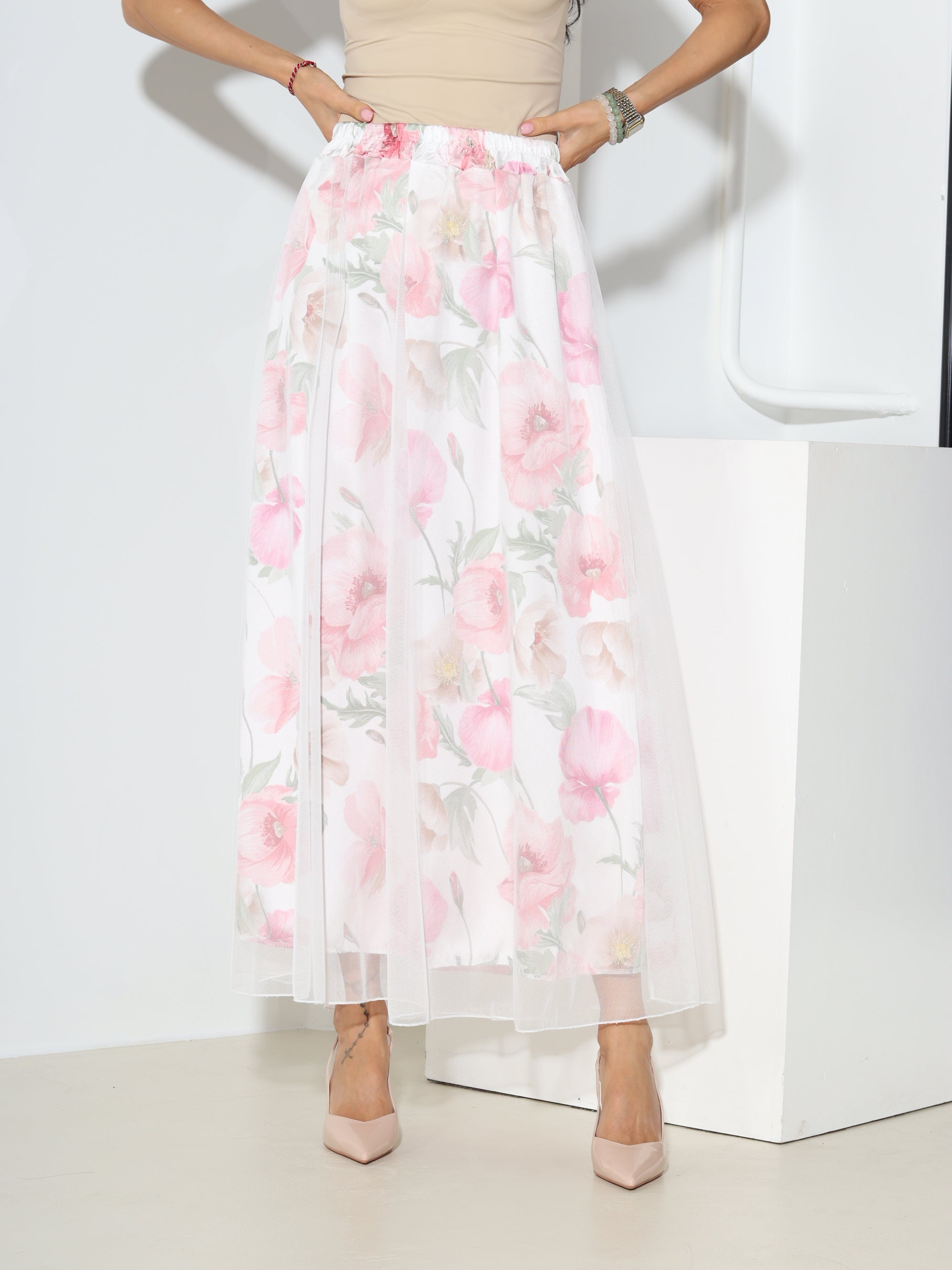 Rozā, gari tilla svārki ar ziedu motīva oderi - 18546