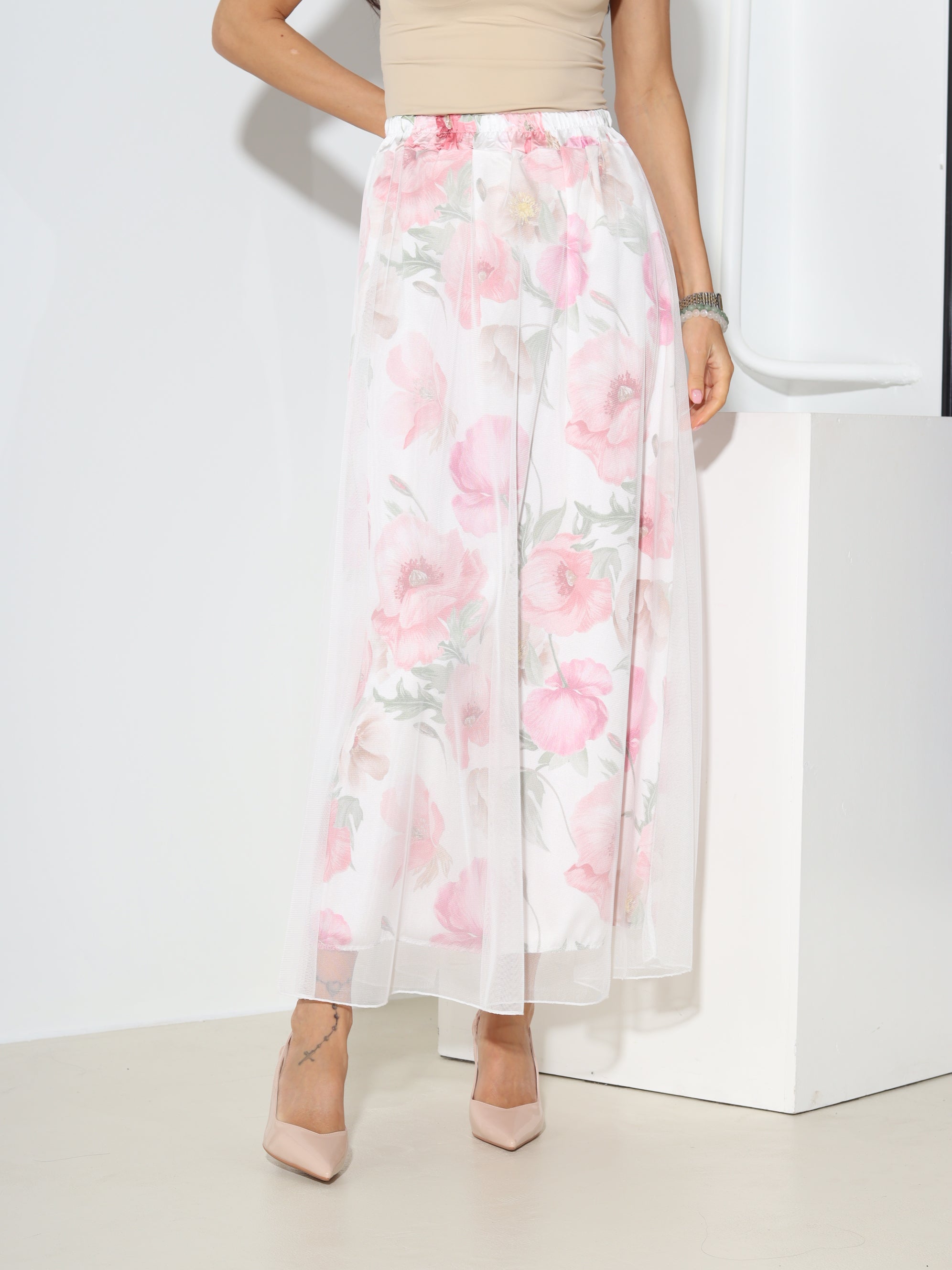 Rozā, gari tilla svārki ar ziedu motīva oderi - 18546