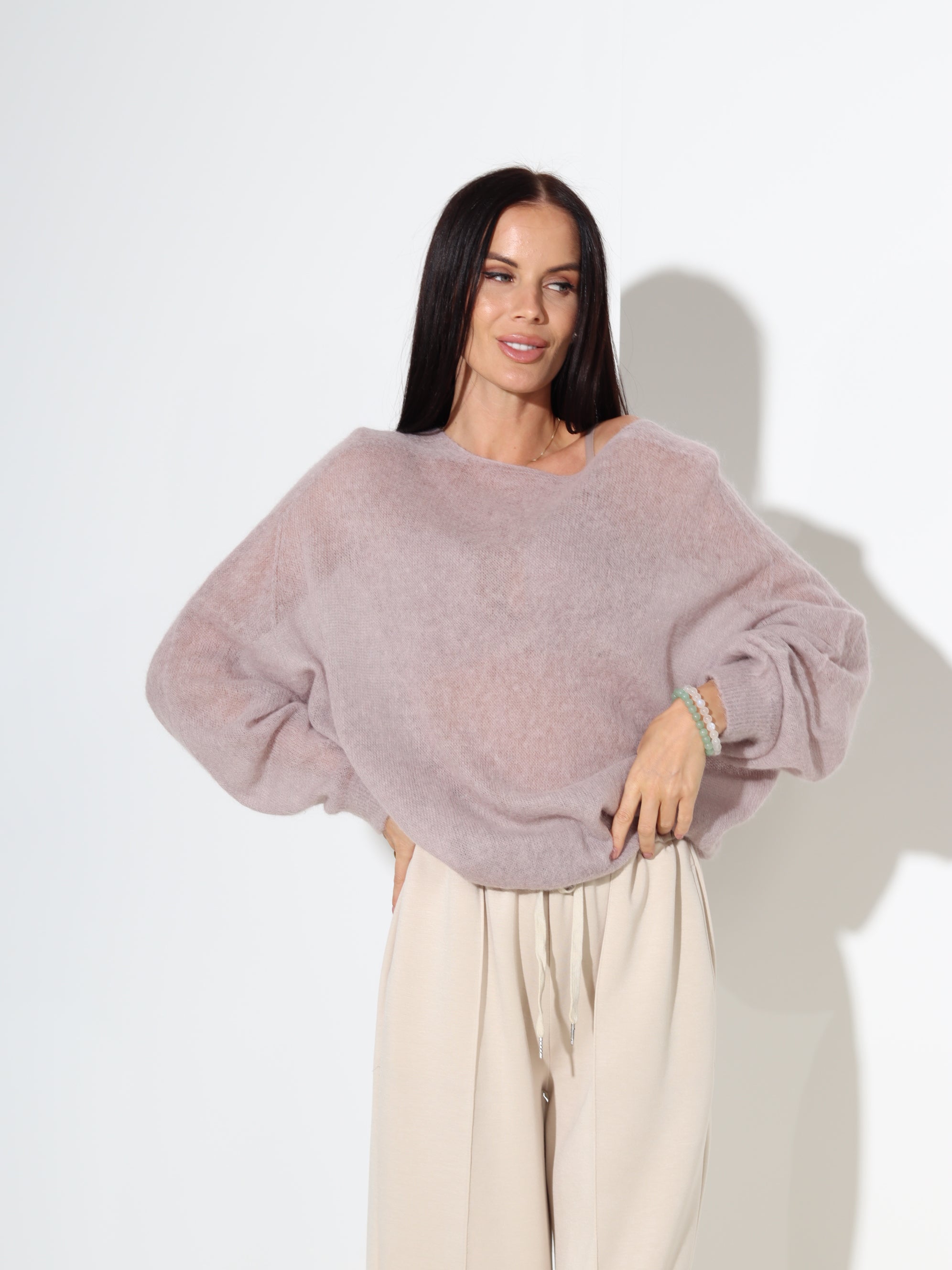 Taupe, plāns alpakas/vilnas džemperis ar "V" veida dekoltē - 18058