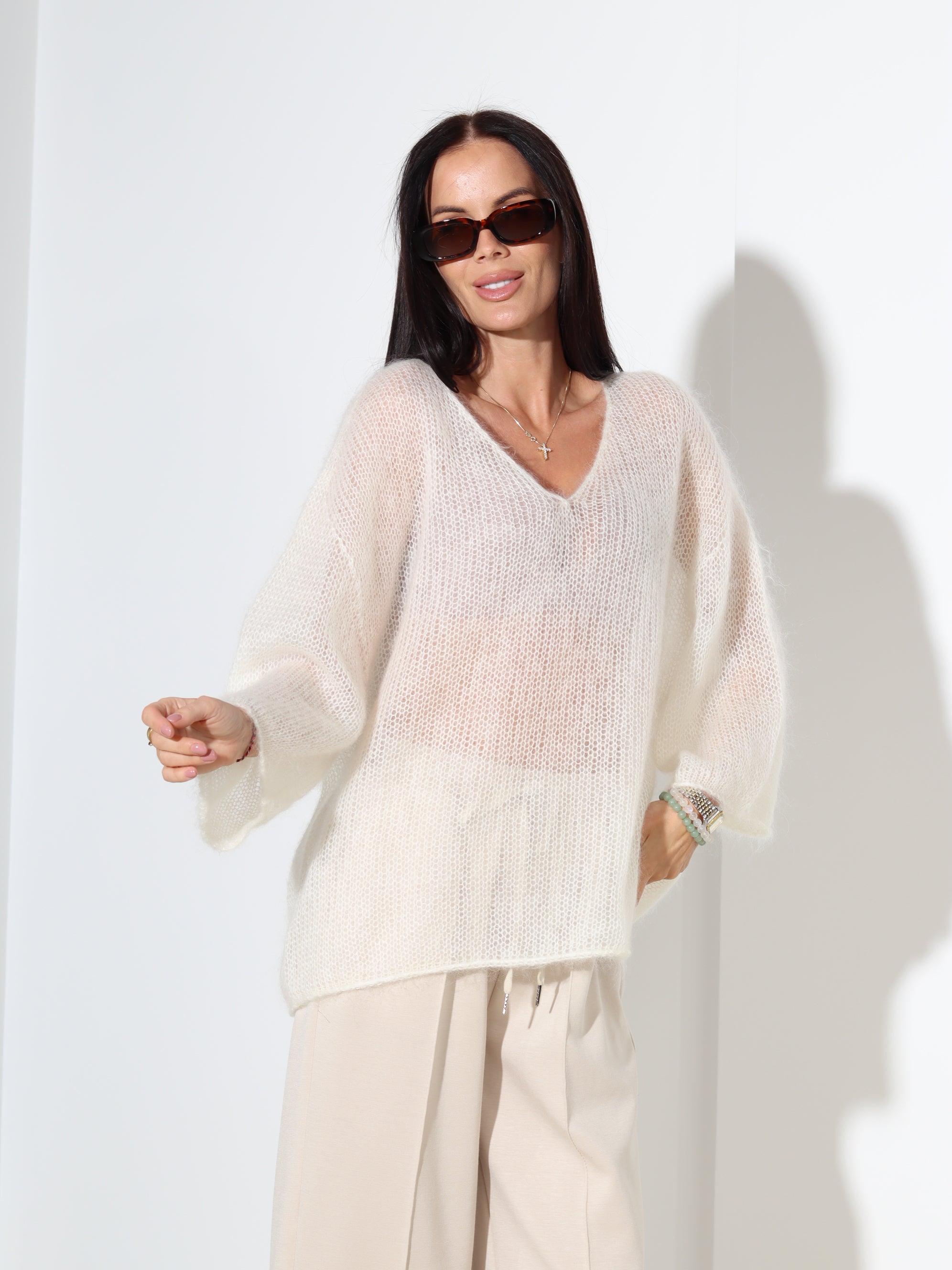 Balts mohēras džemperis ar 3/4 piedurkni - 18045