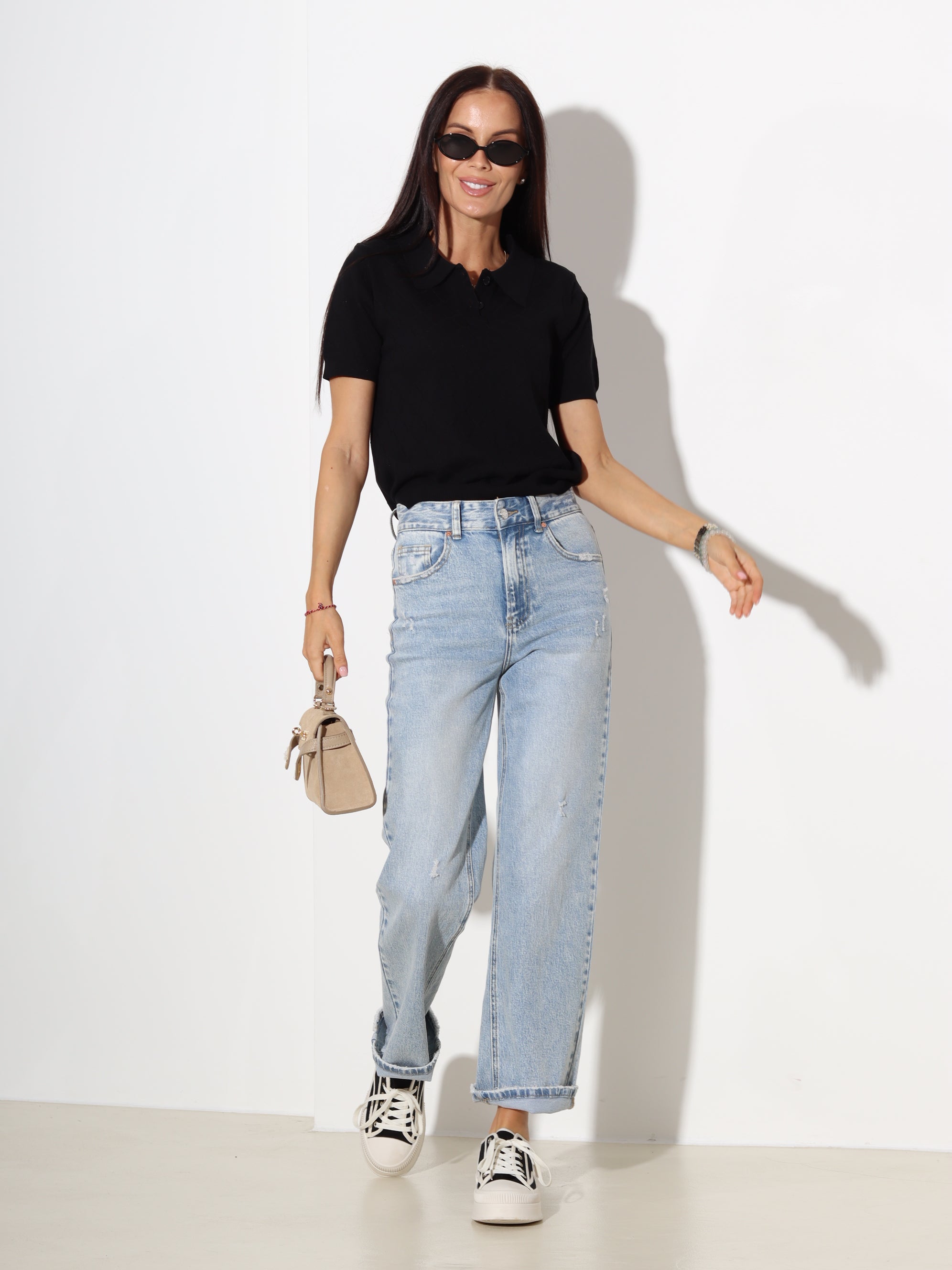 Melns polo tipa tops, rombveida adījums - 20281